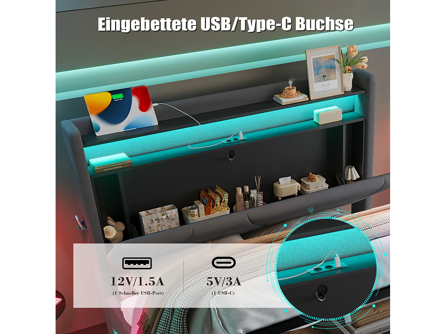 Lit Coffre Rembourré 140×200 Cm Velours Gris Foncé –Étagère tête de lit - LED/USB‑C – Grand Coffre Sous Sommier – Style Contemporain