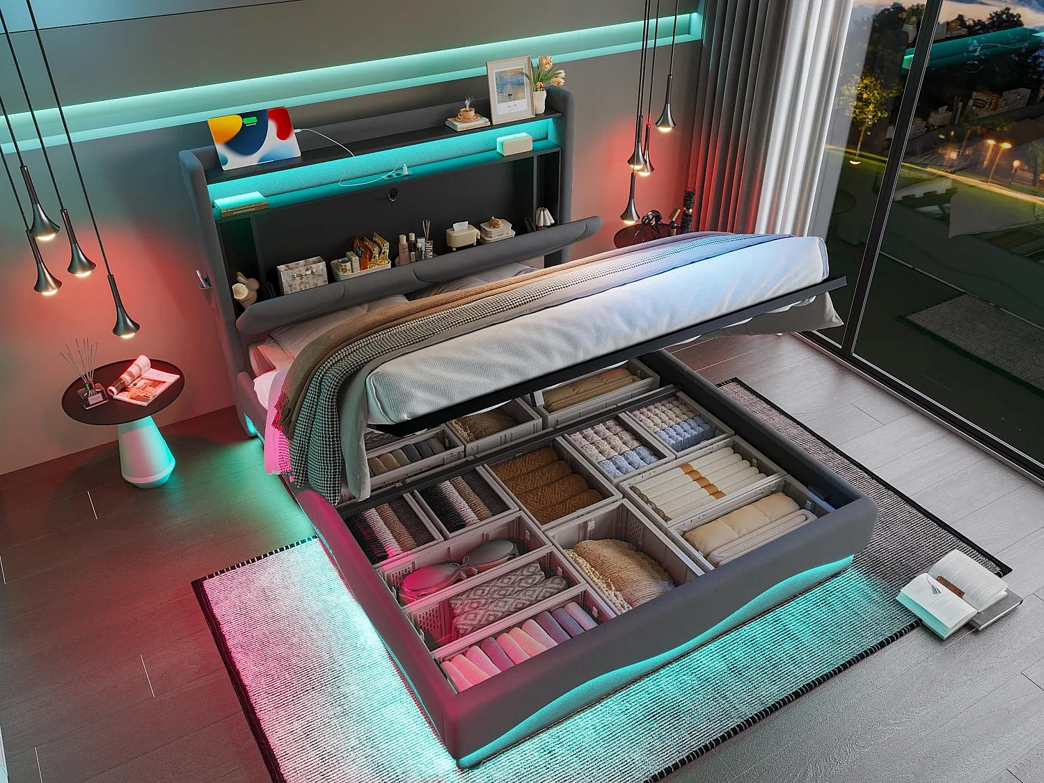 Modern opbergbed 140x200 - met sfeerverlichting, USB-lader en geïntegreerde boxen | Ideaal voor jongeren en volwassenen