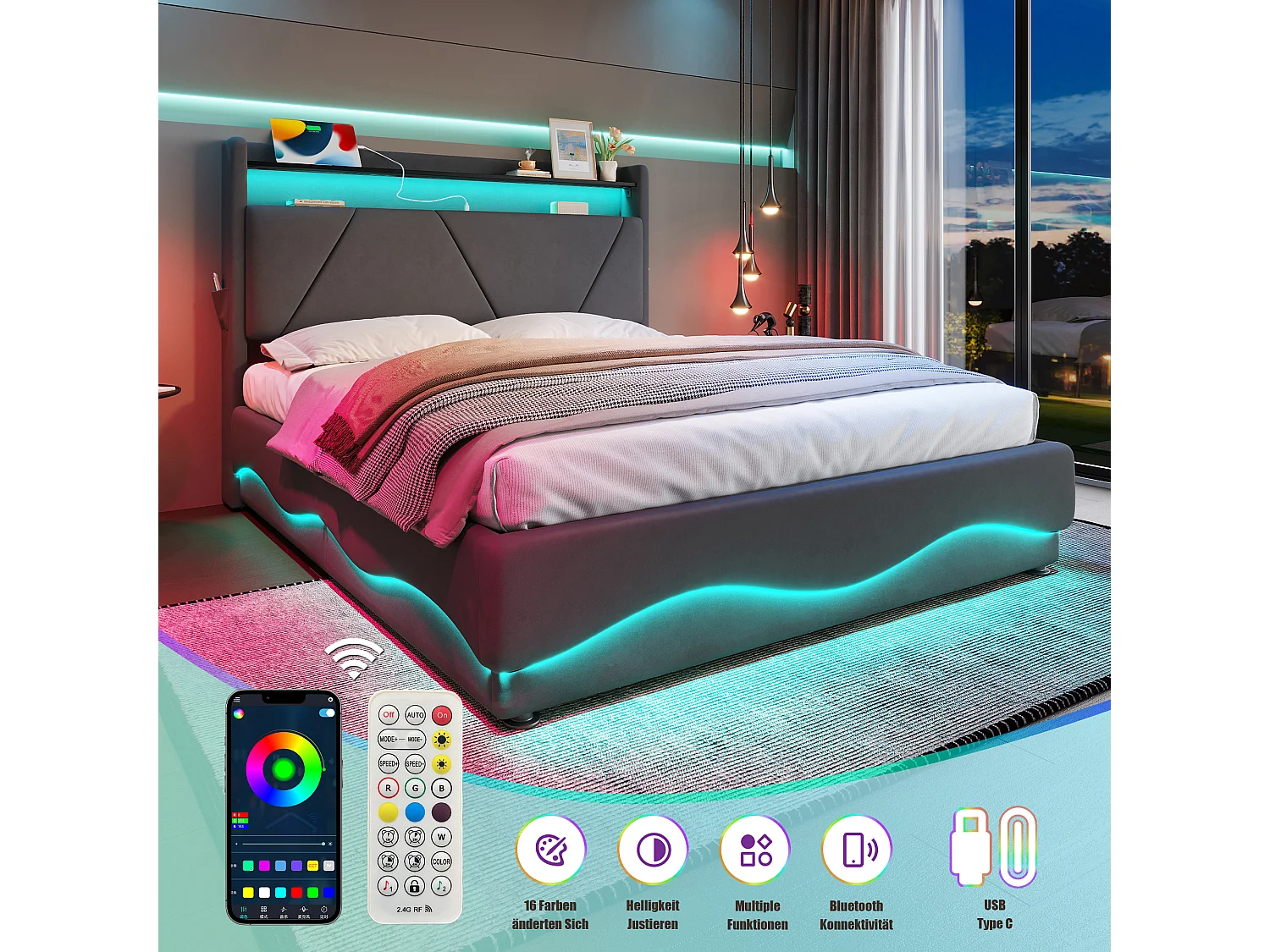 Modern opbergbed 140x200 - met sfeerverlichting, USB-lader en geïntegreerde boxen | Ideaal voor jongeren en volwassenen