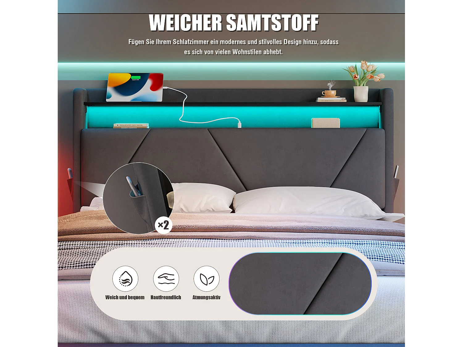 Modern opbergbed 140x200 - met sfeerverlichting, USB-lader en geïntegreerde boxen | Ideaal voor jongeren en volwassenen