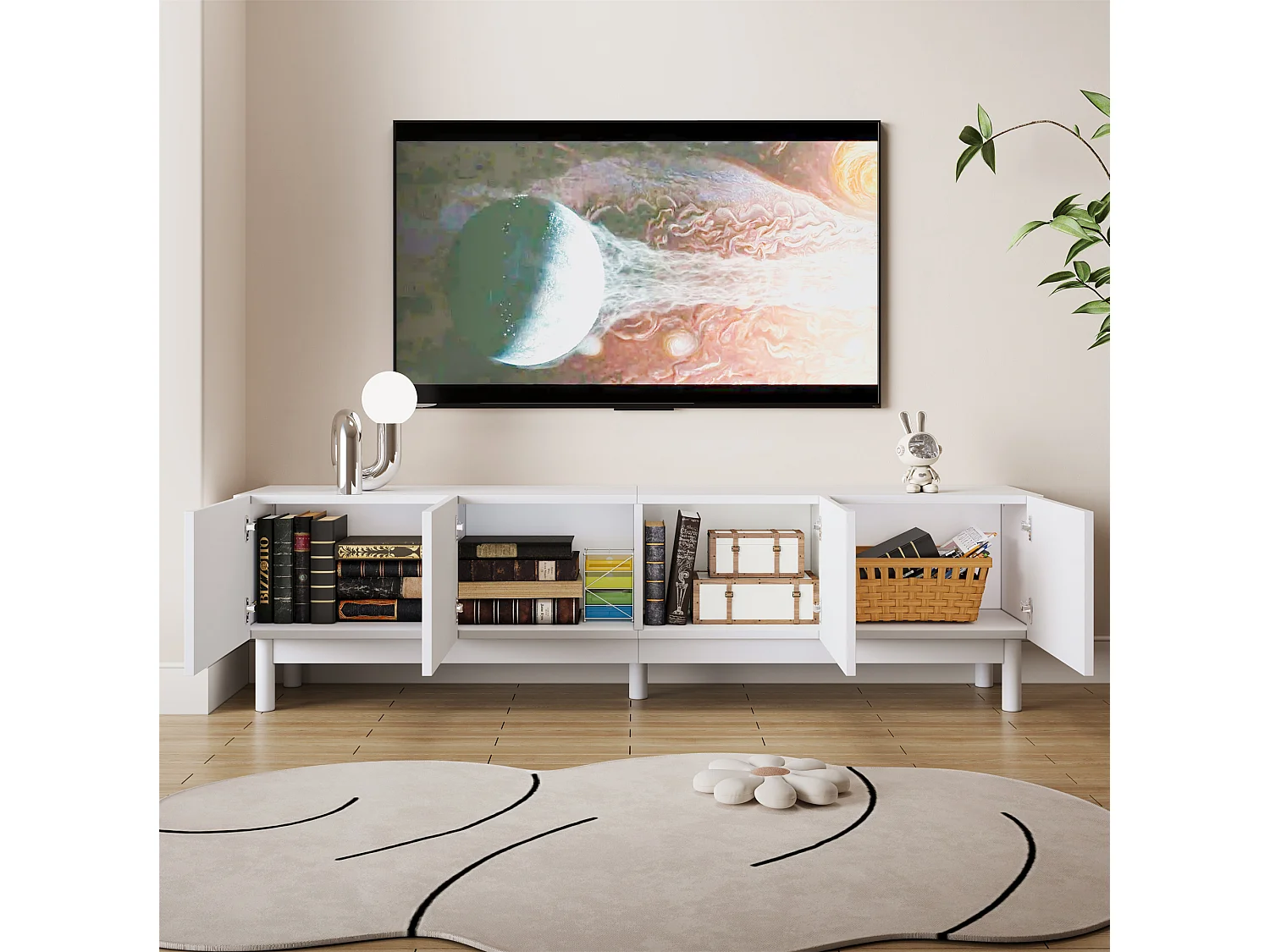 Lowboard met gebogen, golfvormige deuren, planken en stevige poten. Een elegante mediaconsole voor in huis.