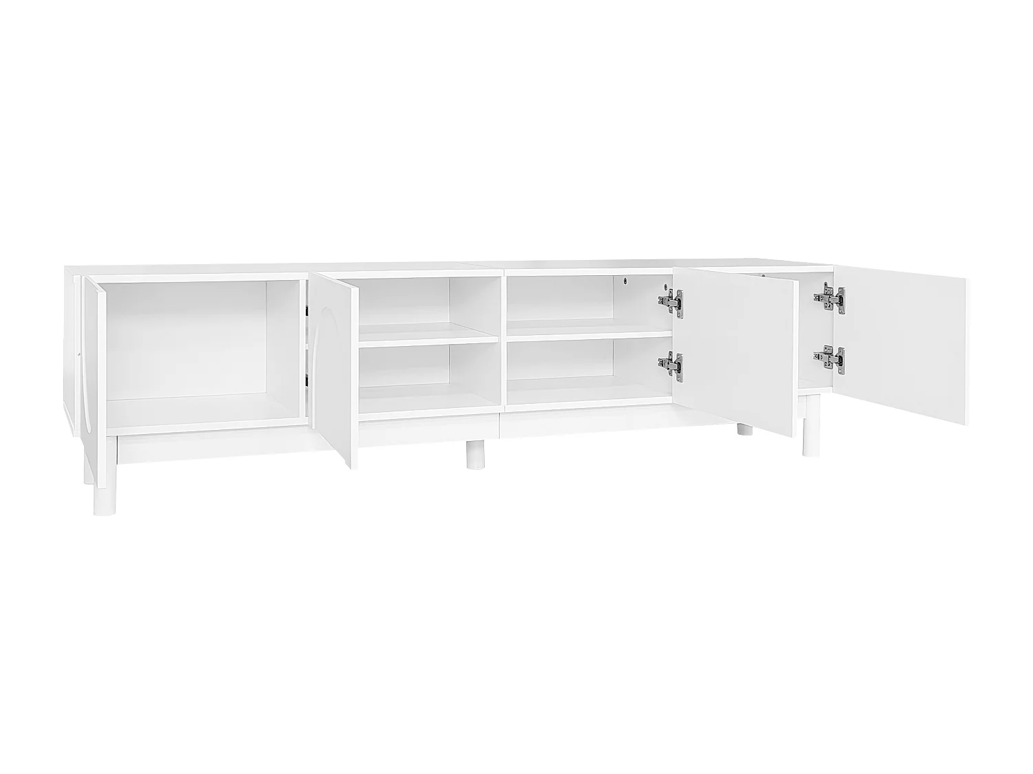Lowboard met gebogen, golfvormige deuren, planken en stevige poten. Een elegante mediaconsole voor in huis.