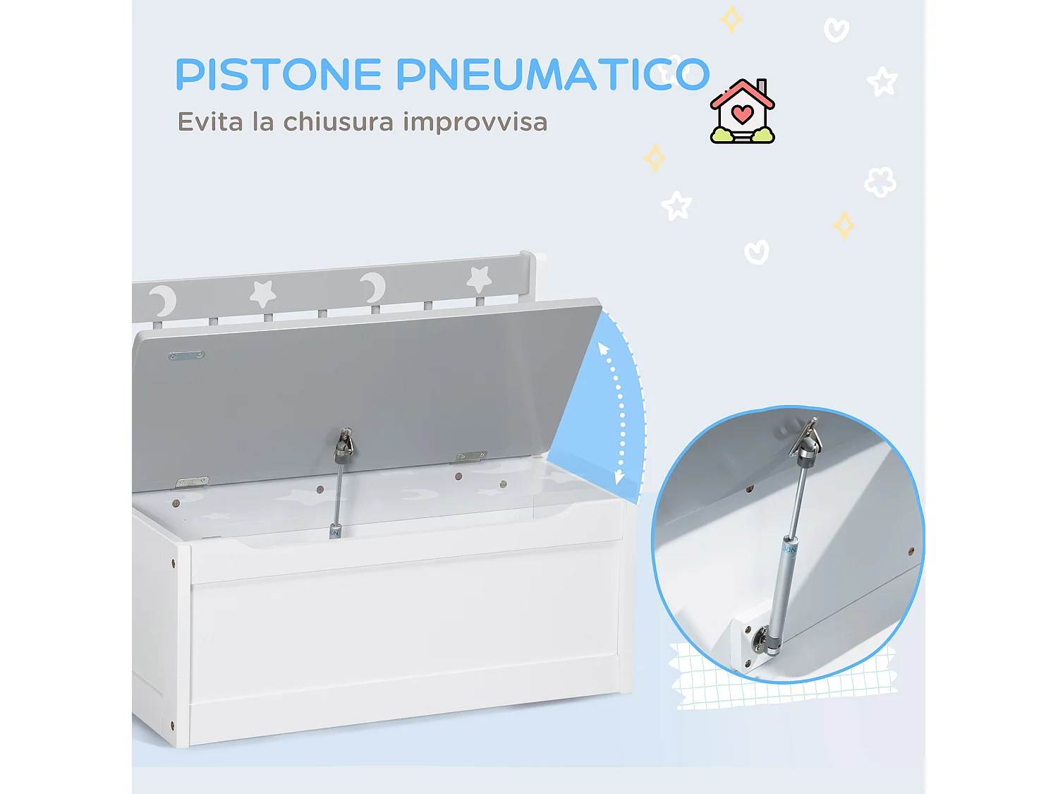 Cassapanca moderna portagiochi con leva a gas bianca grigia