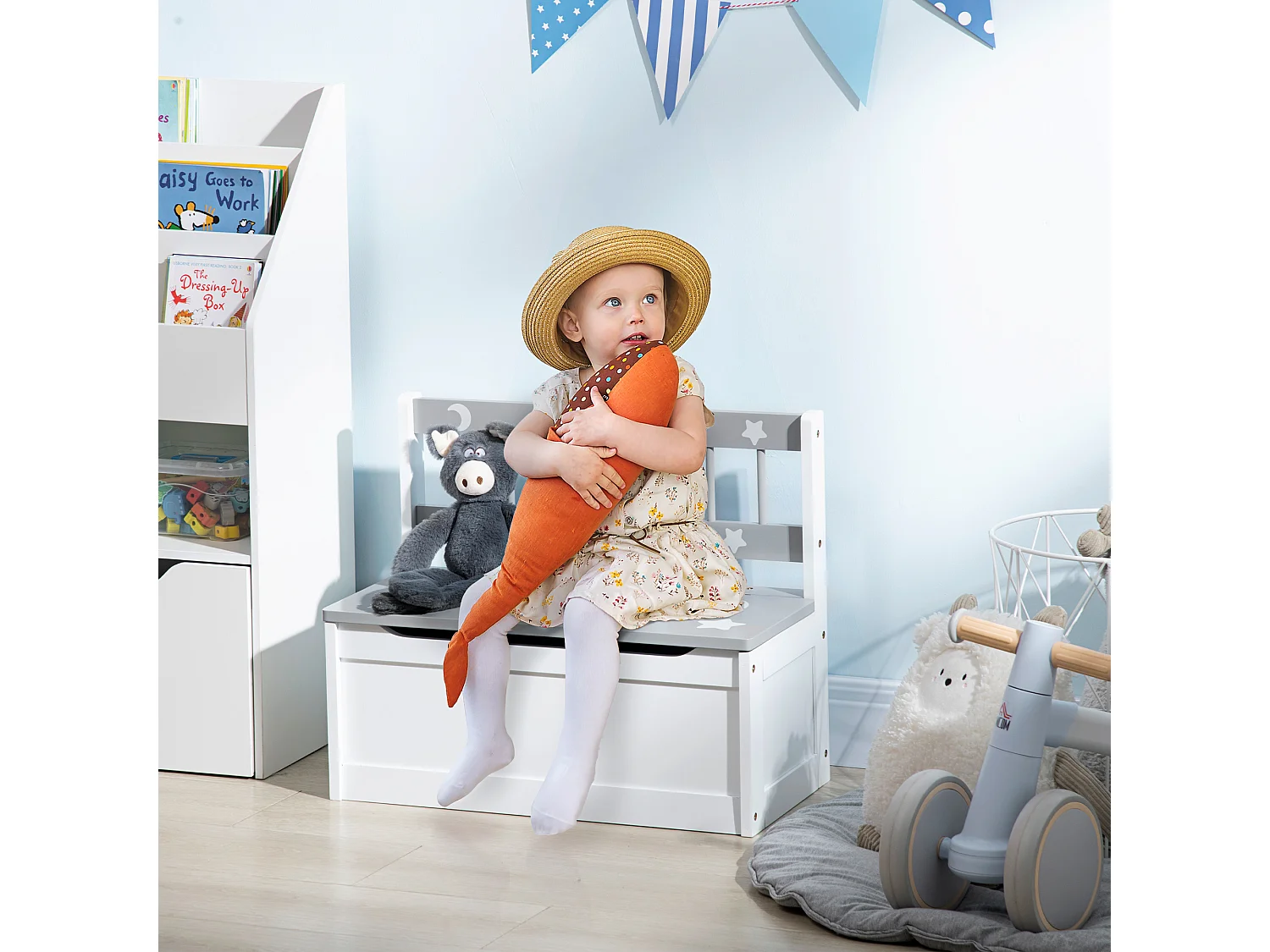 Cassapanca moderna portagiochi con leva a gas bianca grigia