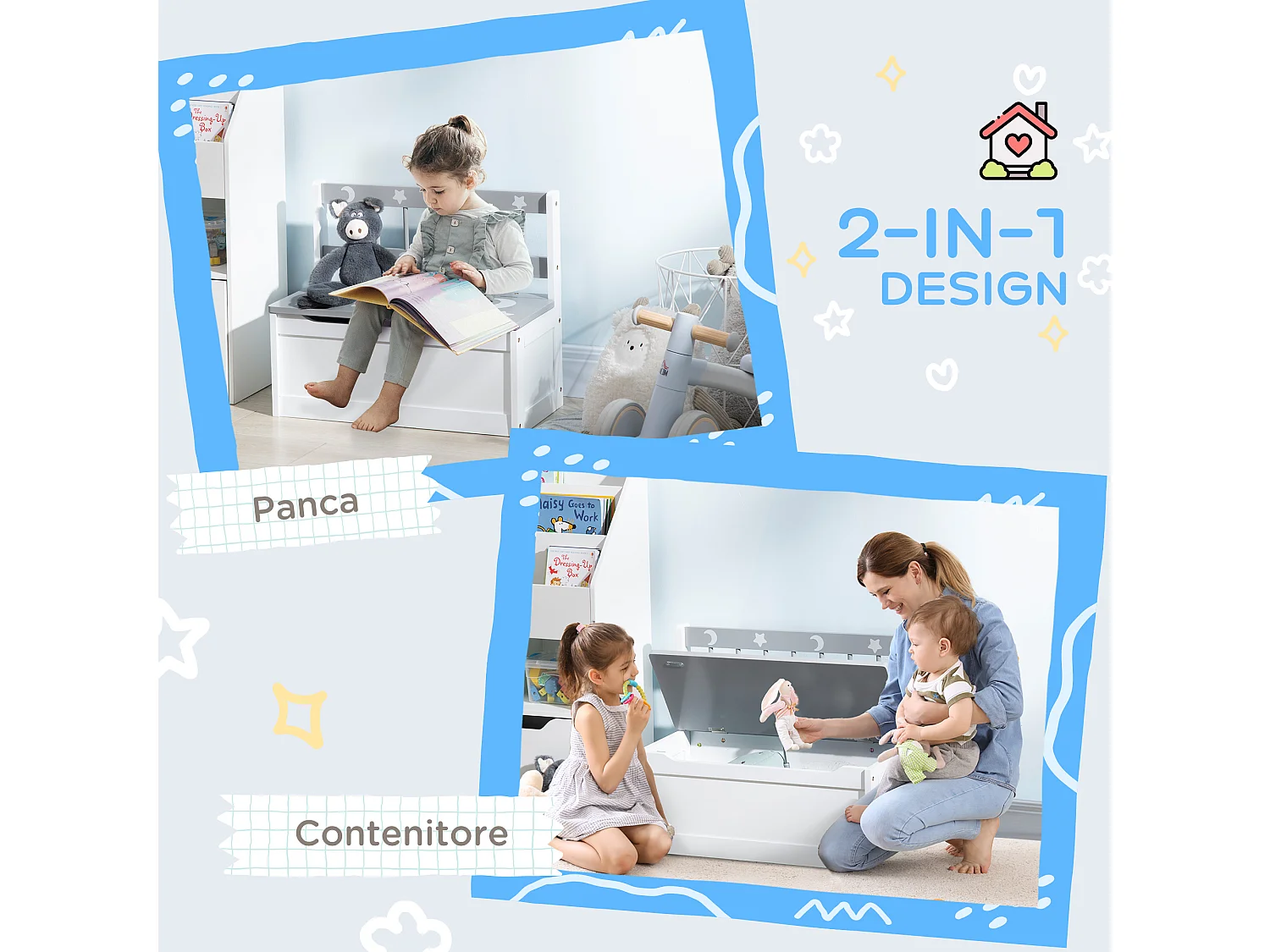 Cassapanca moderna portagiochi con leva a gas bianca grigia