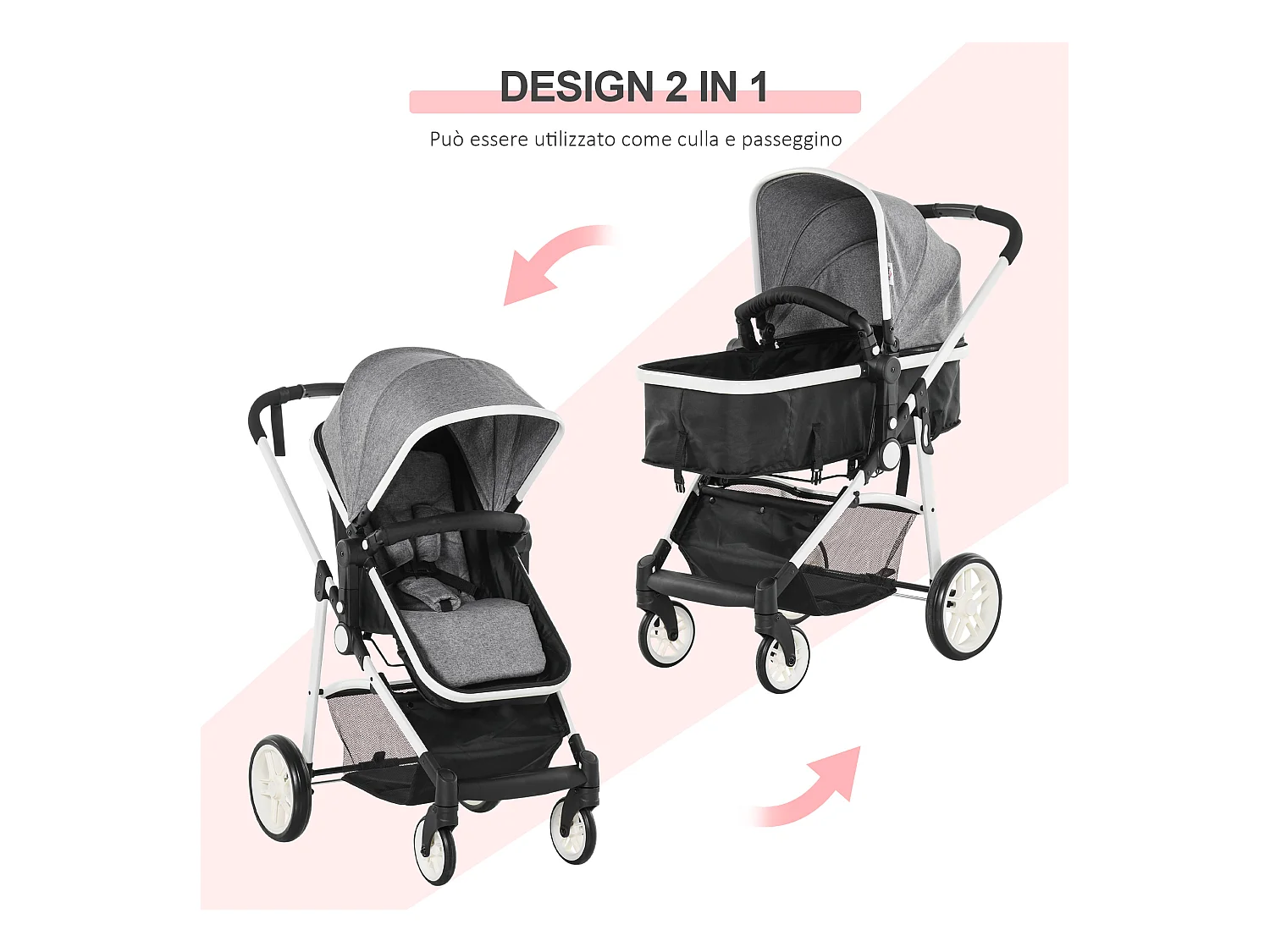 Passeggino per bambini 0-36 mesi pieghevole e regolabile grigio