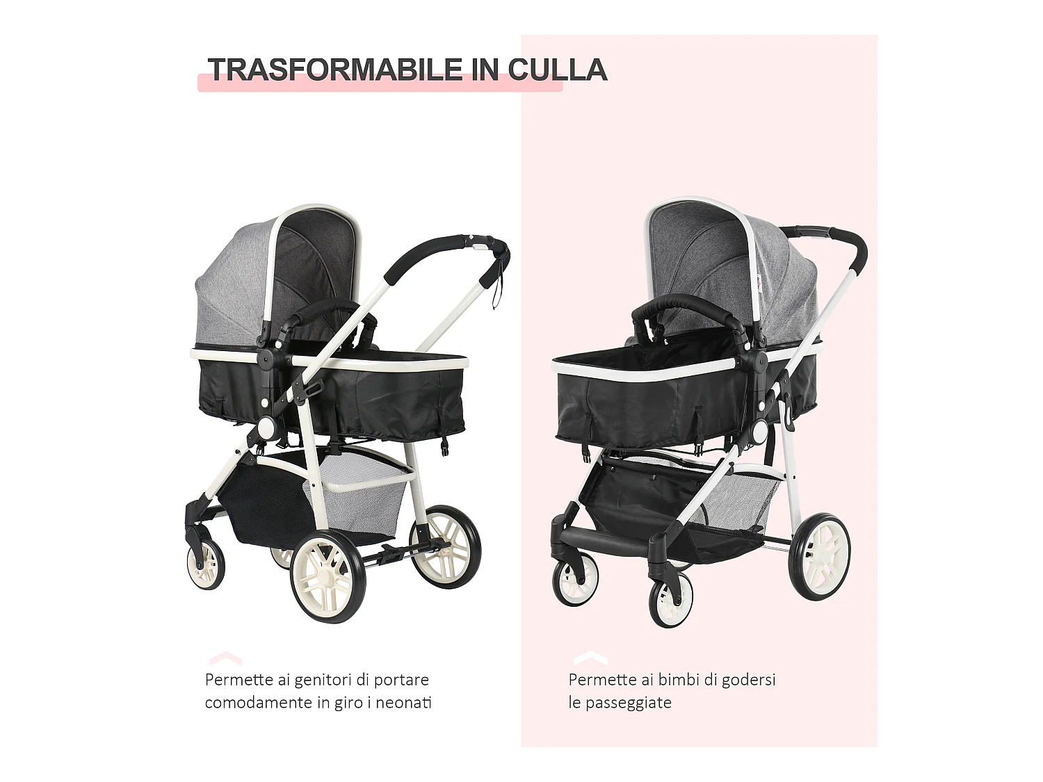 Passeggino per bambini 0-36 mesi pieghevole e regolabile grigio