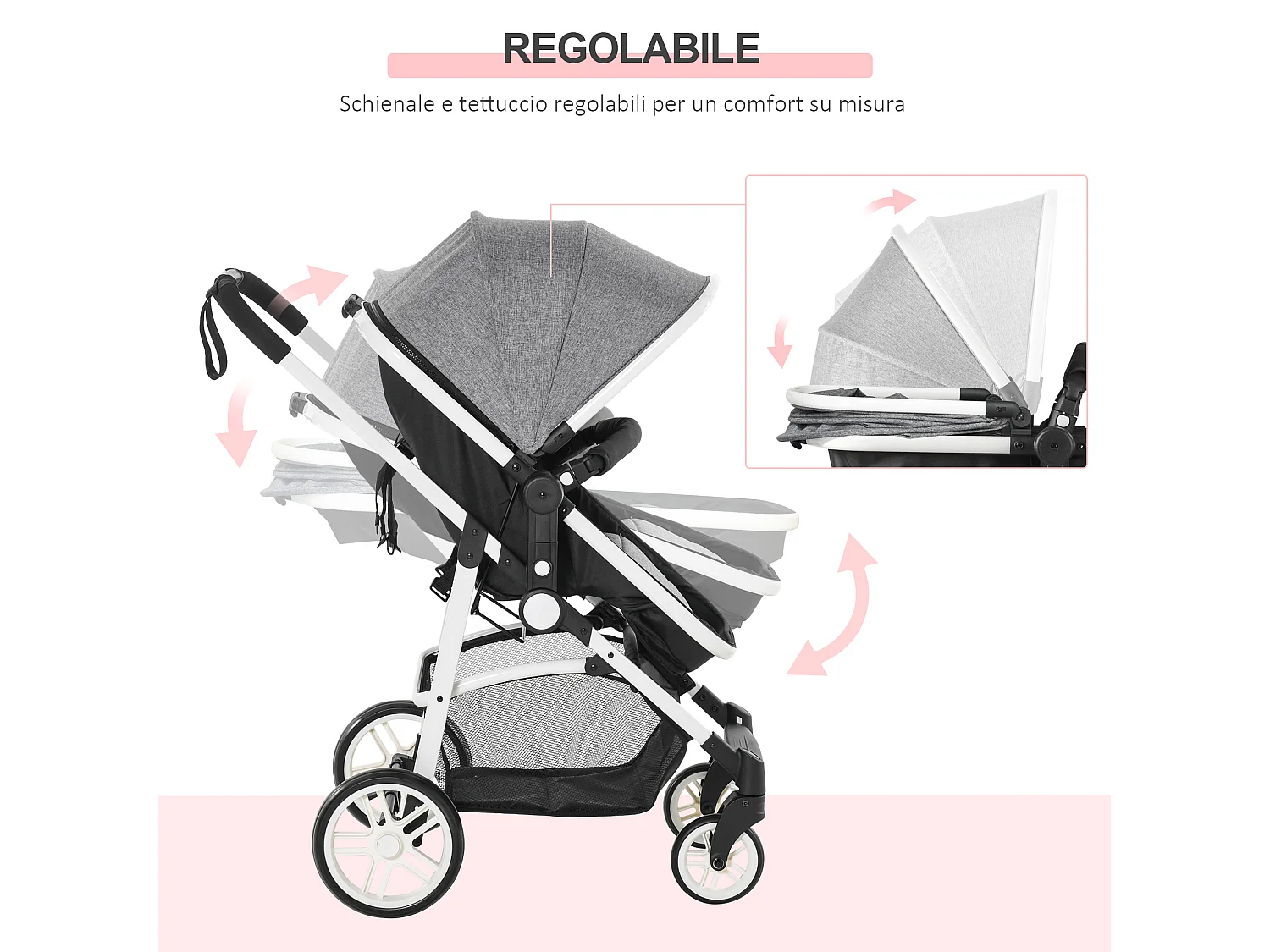 Passeggino per bambini 0-36 mesi pieghevole e regolabile grigio