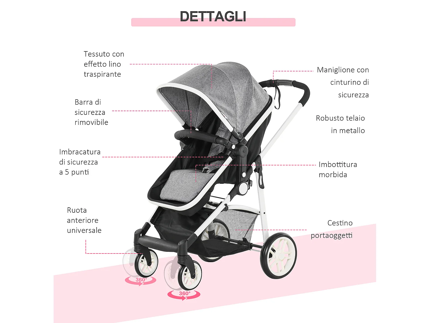 Passeggino per bambini 0-36 mesi pieghevole e regolabile grigio