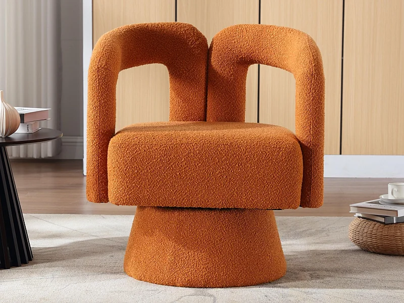 Fauteuil Pivotant à 360° en Tissu Teddy Orange - Dossier Double Arche et Design Moderne