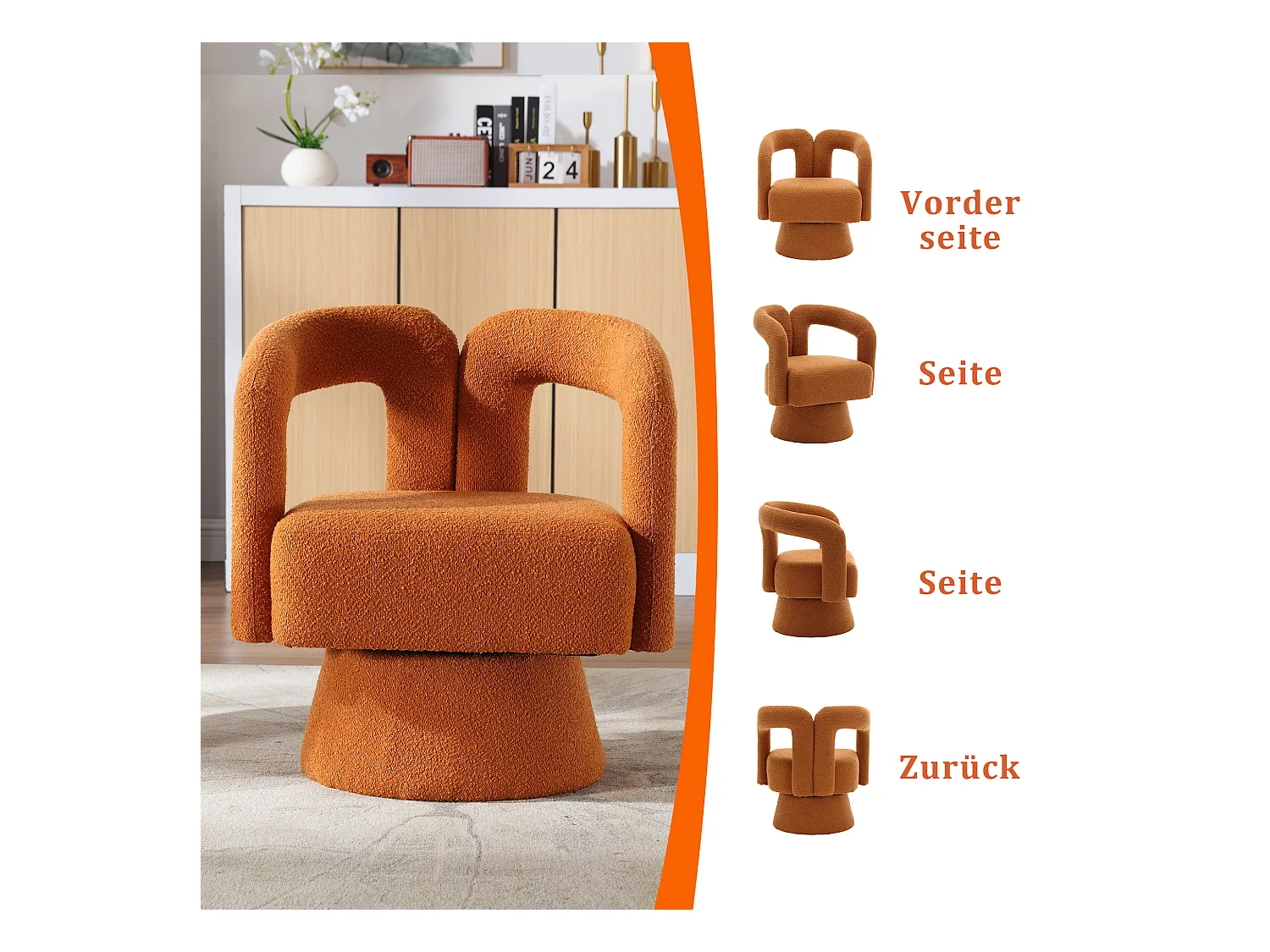Fauteuil Pivotant à 360° en Tissu Teddy Orange - Dossier Double Arche et Design Moderne