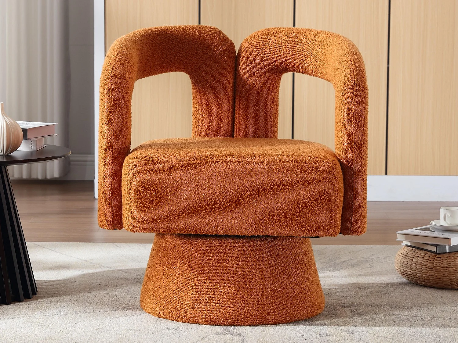 Fauteuil Pivotant à 360° en Tissu Teddy Orange - Dossier Double Arche et Design Moderne