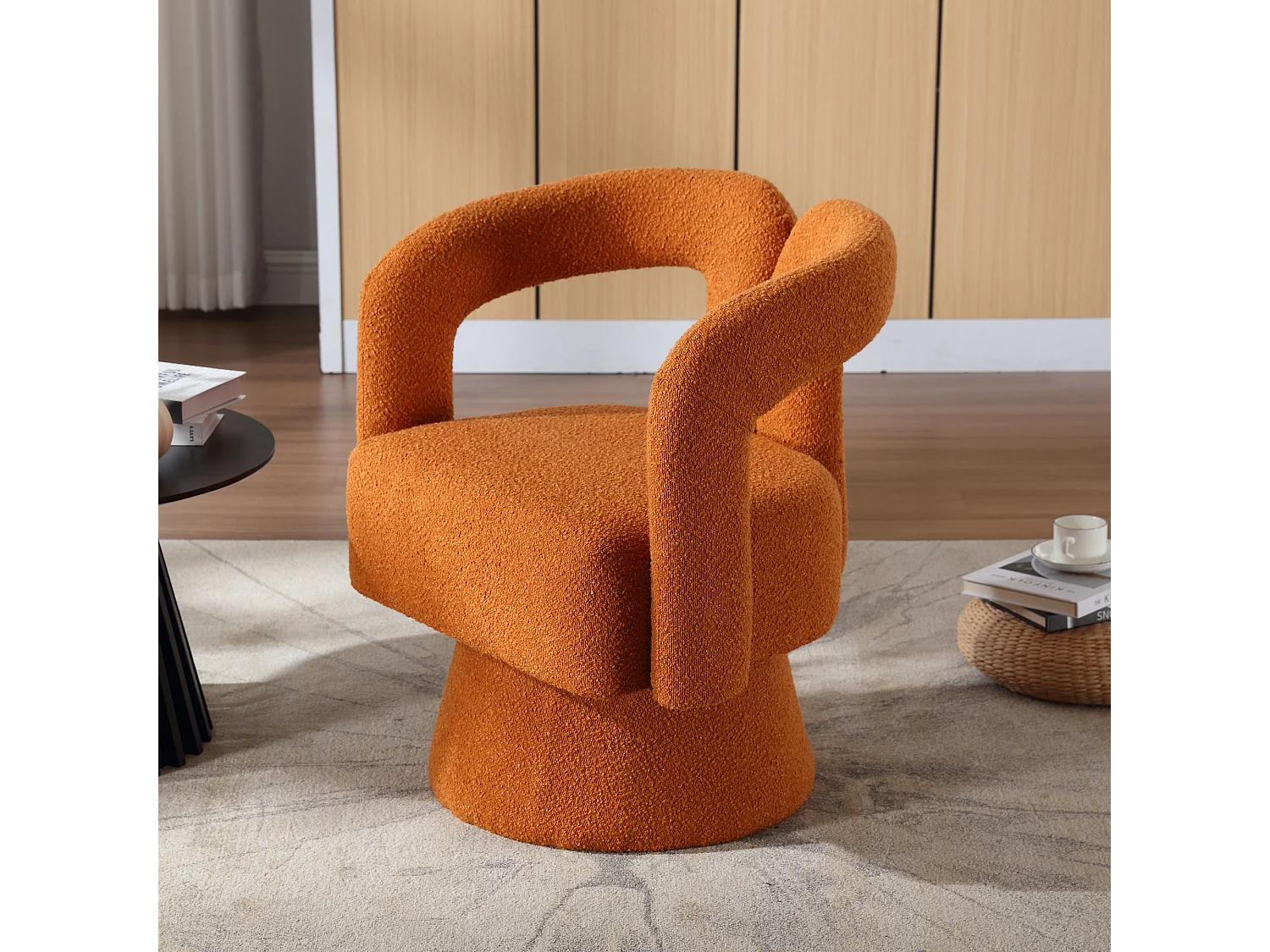Fauteuil Pivotant à 360° en Tissu Teddy Orange - Dossier Double Arche et Design Moderne
