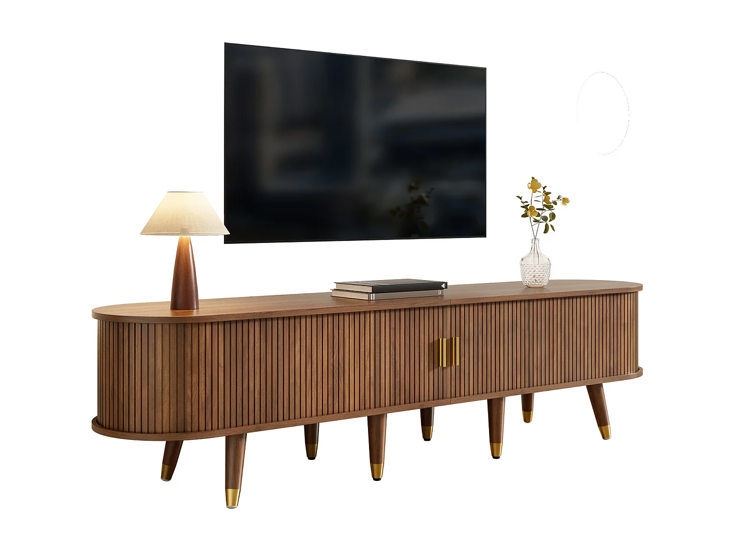 Mueble de TV de 175 cm con puerta corredera de ratán imitación nogal. Estilo rústico con compartimentos abiertos, cajones y armario.