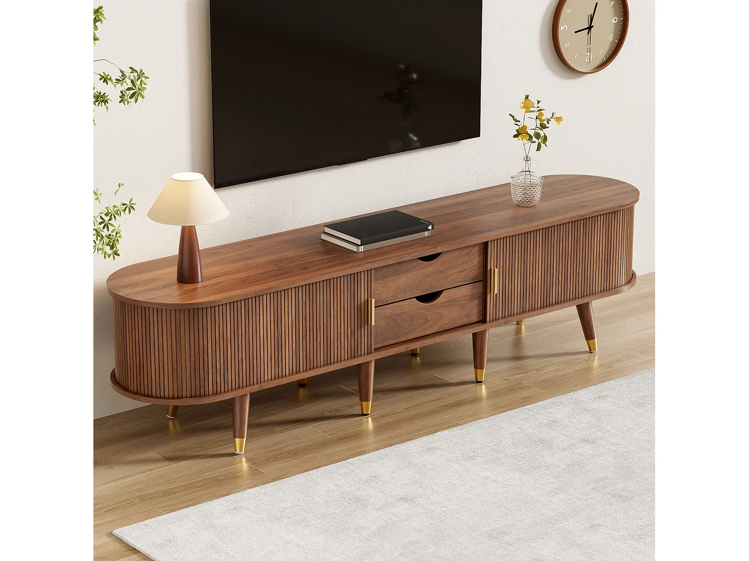 Mueble de TV de 175 cm con puerta corredera de ratán imitación nogal. Estilo rústico con compartimentos abiertos, cajones y armario.