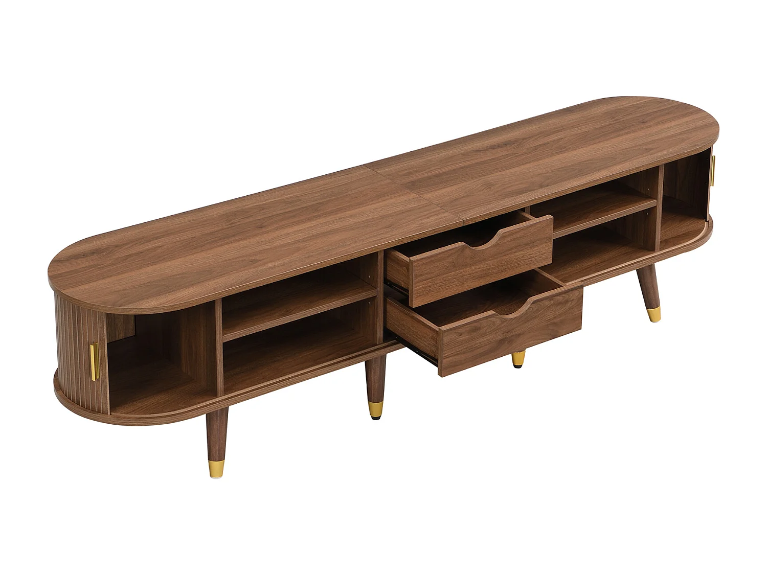 Mueble de TV de 175 cm con puerta corredera de ratán imitación nogal. Estilo rústico con compartimentos abiertos, cajones y armario.