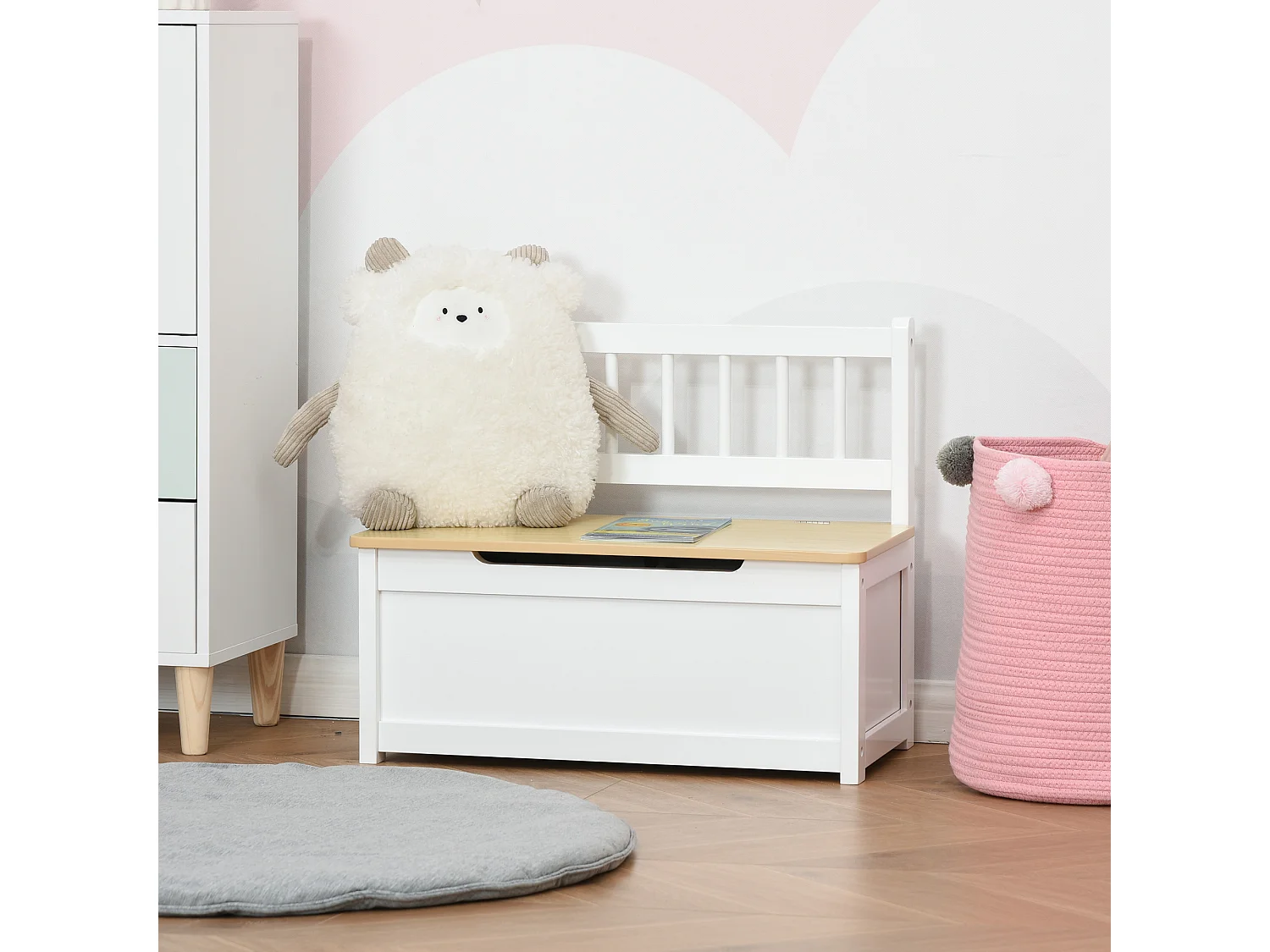 Cassapanca Per Bambini Rosa – 60 Cm, Legno Laccato, Con Freno Coperchio E Vano Portagiochi