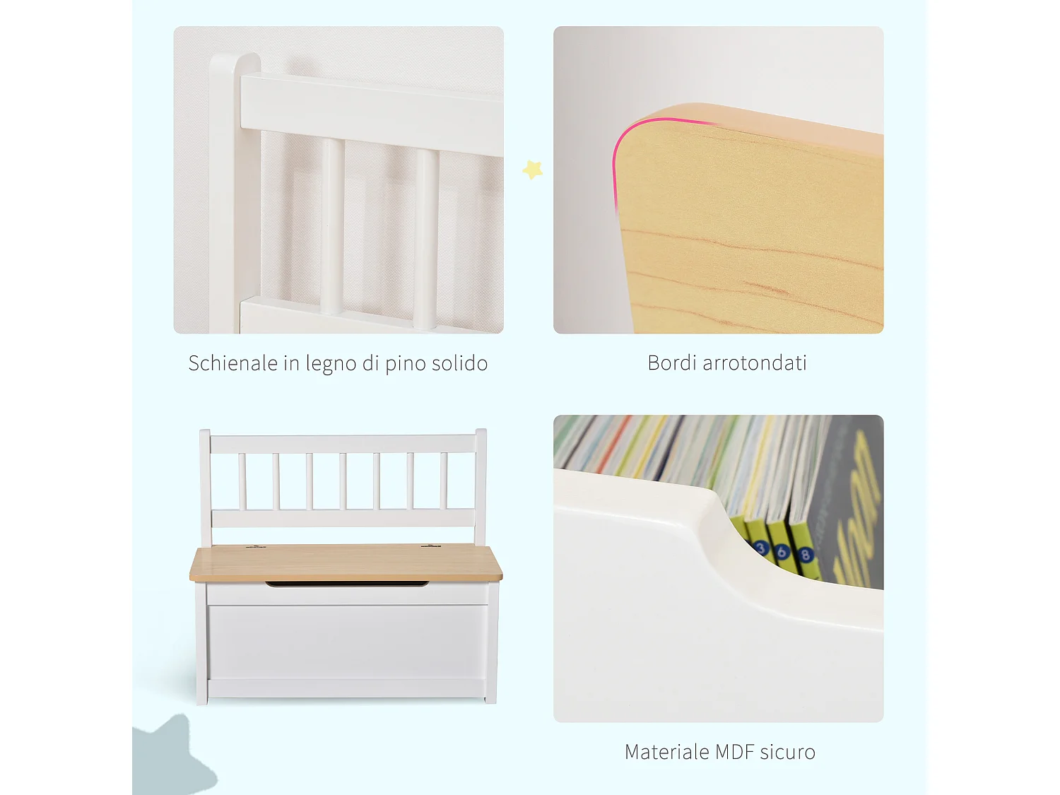 Cassapanca in legno 2 in 1 per bambini con schienale 60x30x50cm