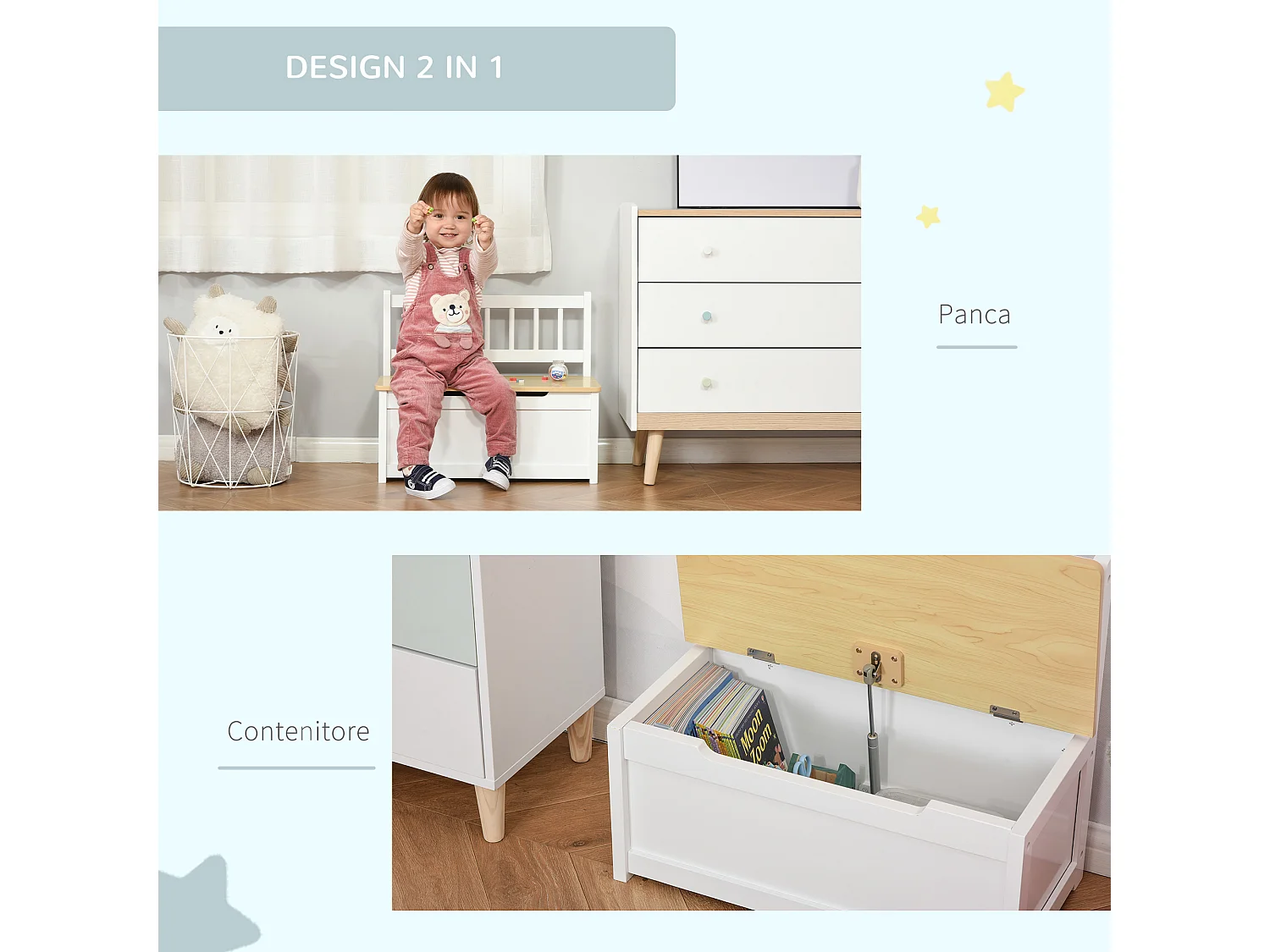 Cassapanca in legno 2 in 1 per bambini con schienale 60x30x50cm