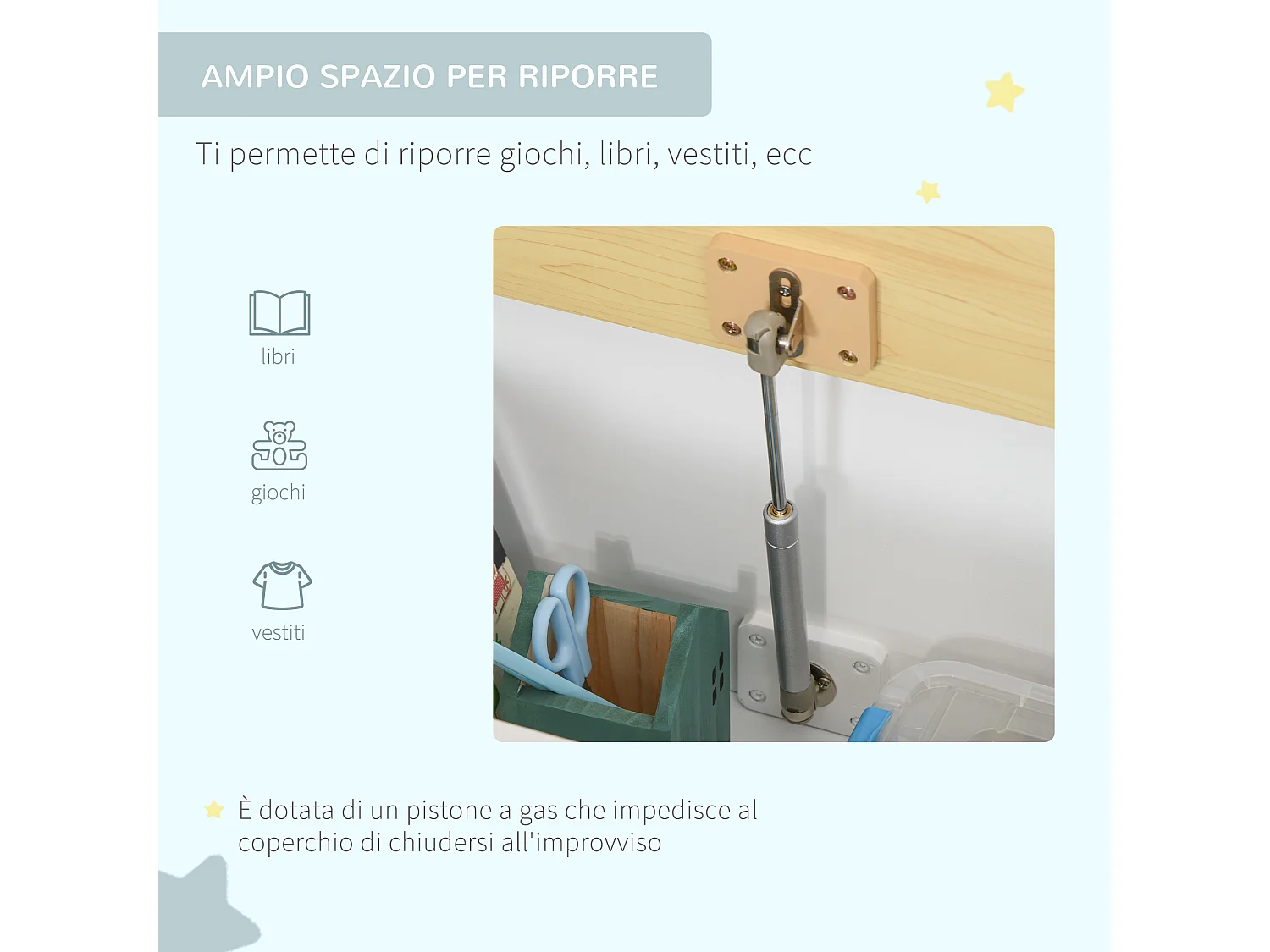 Cassapanca in legno 2 in 1 per bambini con schienale 60x30x50cm