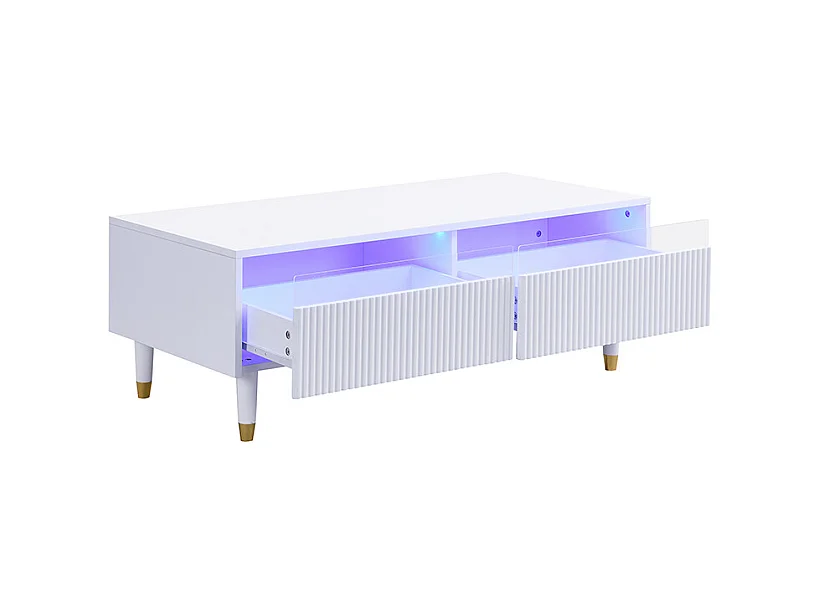 Ensemble de meubles LED : meuble TV 4 portes et table basse 2 tiroirs. Design blanc/doré, LED, structure ondulée et acrylique.
