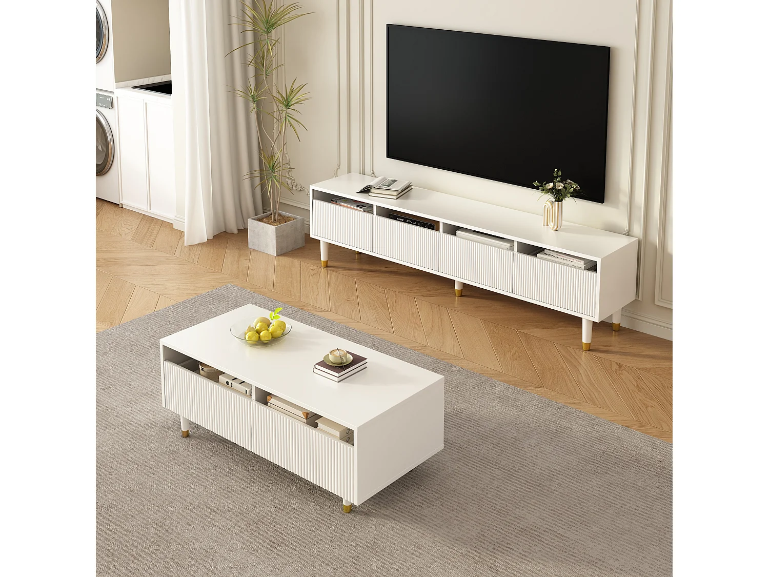 Ensemble de meubles LED : meuble TV 4 portes et table basse 2 tiroirs. Design blanc/doré, LED, structure ondulée et acrylique.