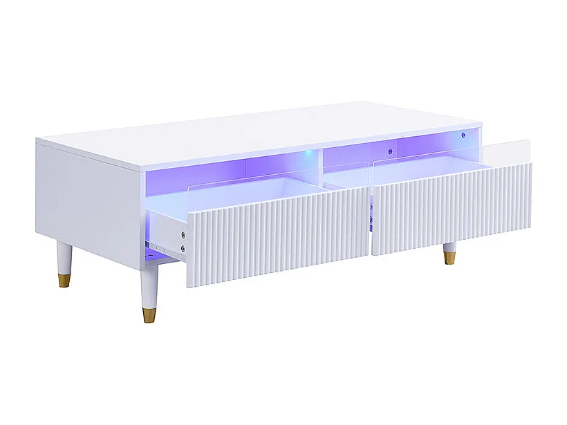 Ensemble de meubles LED : meuble TV 4 portes et table basse 2 tiroirs. Design blanc/doré, LED, structure ondulée et acrylique.