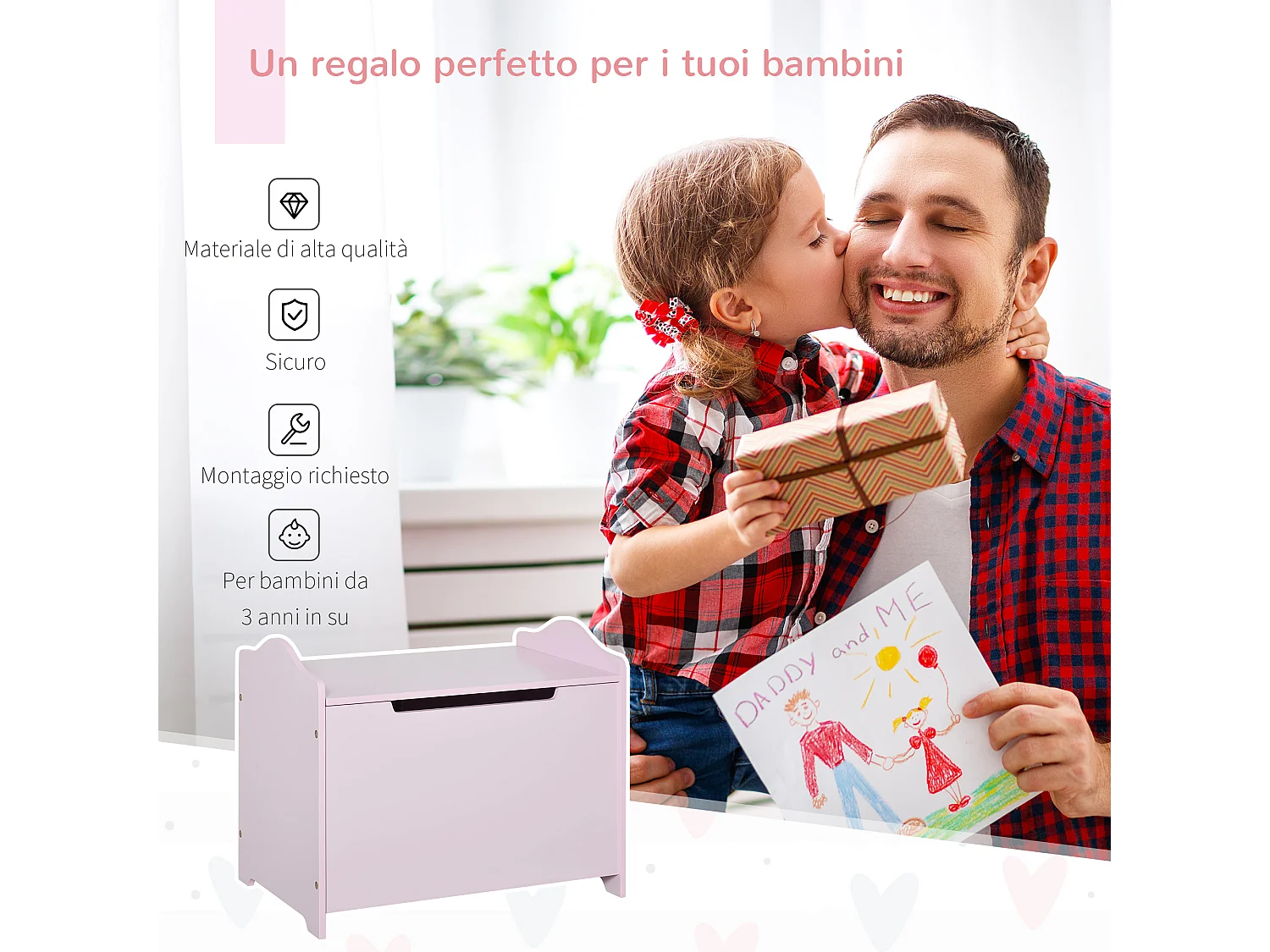 Panca contenitore portagiochi in legno e coperchio ammortizzato