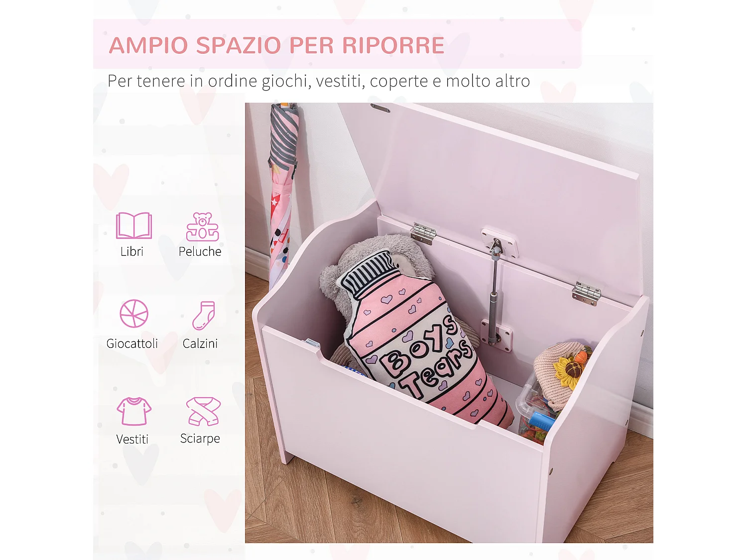 Panca contenitore portagiochi in legno e coperchio ammortizzato