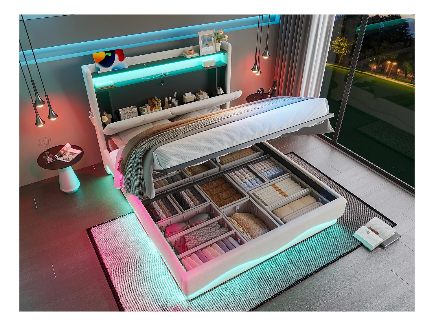 Lit Coffre Rembourré 160×200 Cm Velours Beige –Étagère tête de lit - LED/USB‑C – Grand Coffre Sous Sommier – Style Contemporain