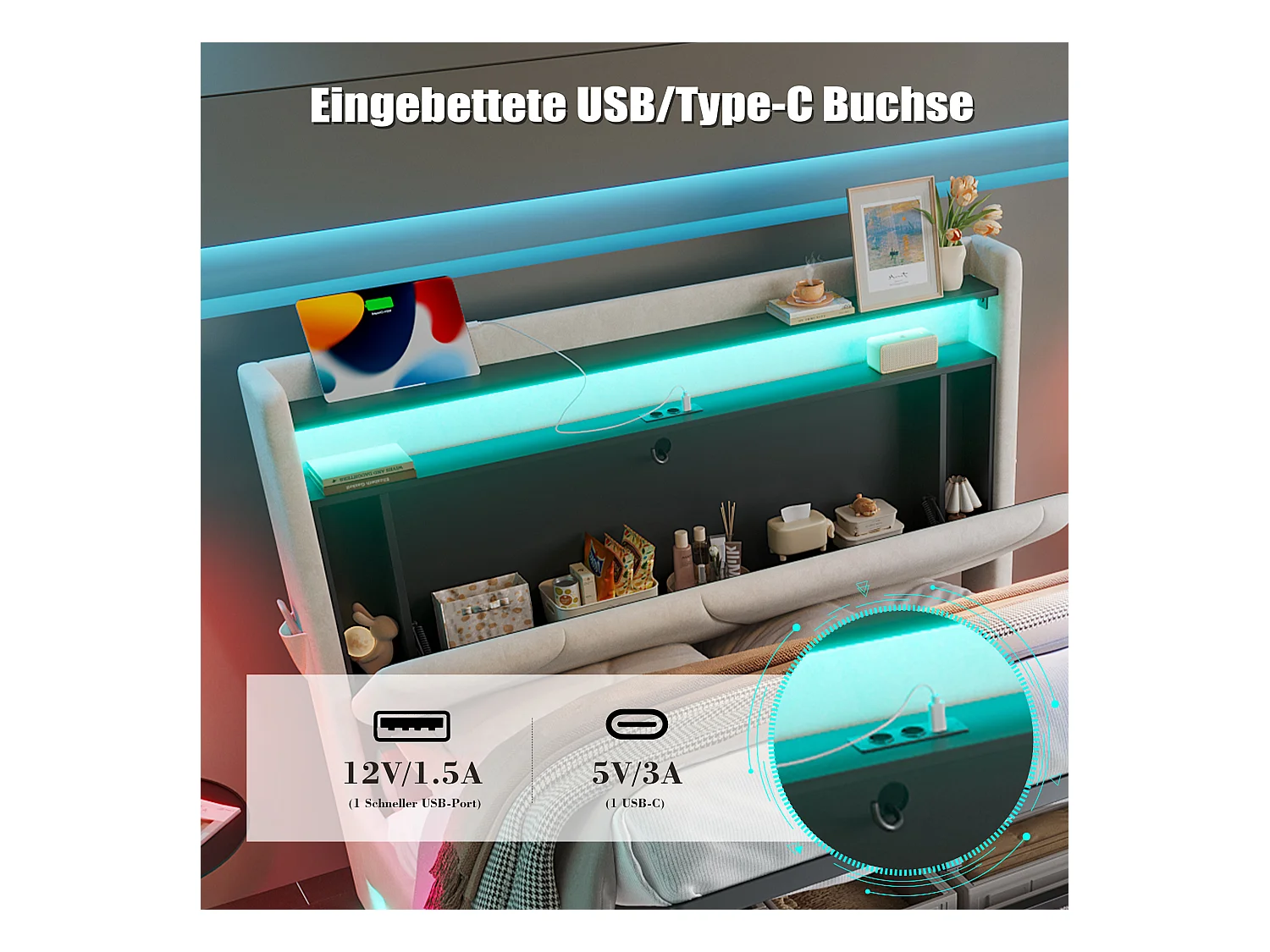 Lit Coffre Rembourré 160×200 Cm Velours Beige –Étagère tête de lit - LED/USB‑C – Grand Coffre Sous Sommier – Style Contemporain