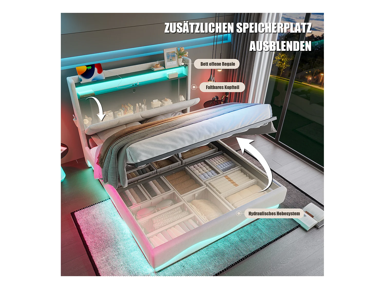 Lit Coffre Rembourré 160×200 Cm Velours Beige –Étagère tête de lit - LED/USB‑C – Grand Coffre Sous Sommier – Style Contemporain