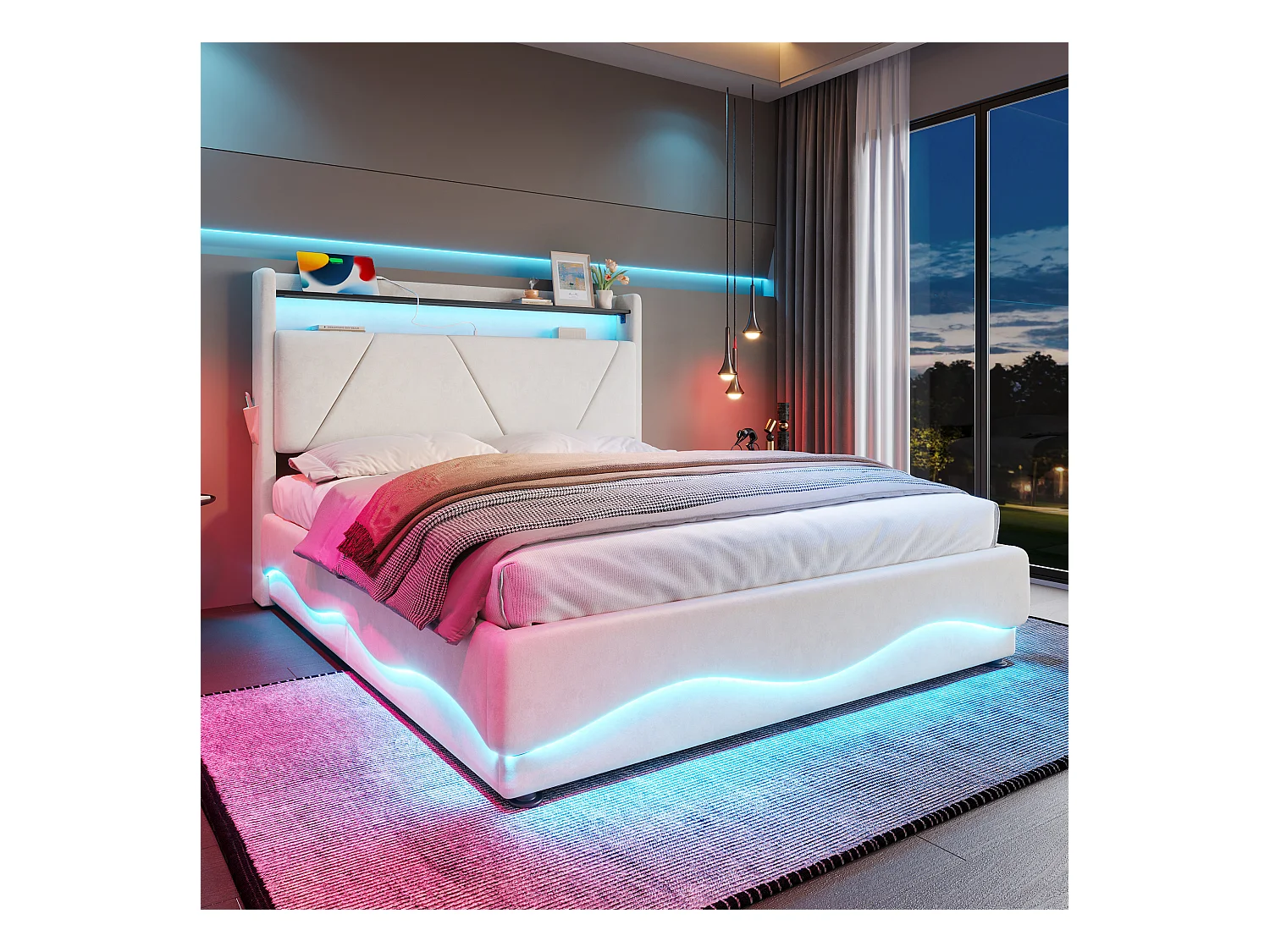 Lit Coffre Rembourré 160×200 Cm Velours Beige –Étagère tête de lit - LED/USB‑C – Grand Coffre Sous Sommier – Style Contemporain