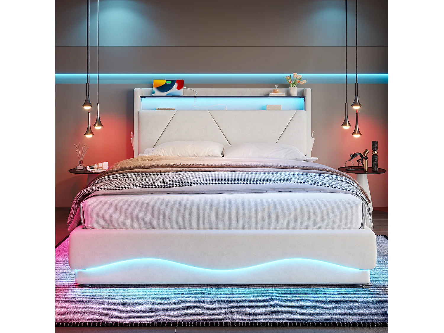 Lit Coffre Rembourré 160×200 Cm Velours Beige –Étagère tête de lit - LED/USB‑C – Grand Coffre Sous Sommier – Style Contemporain