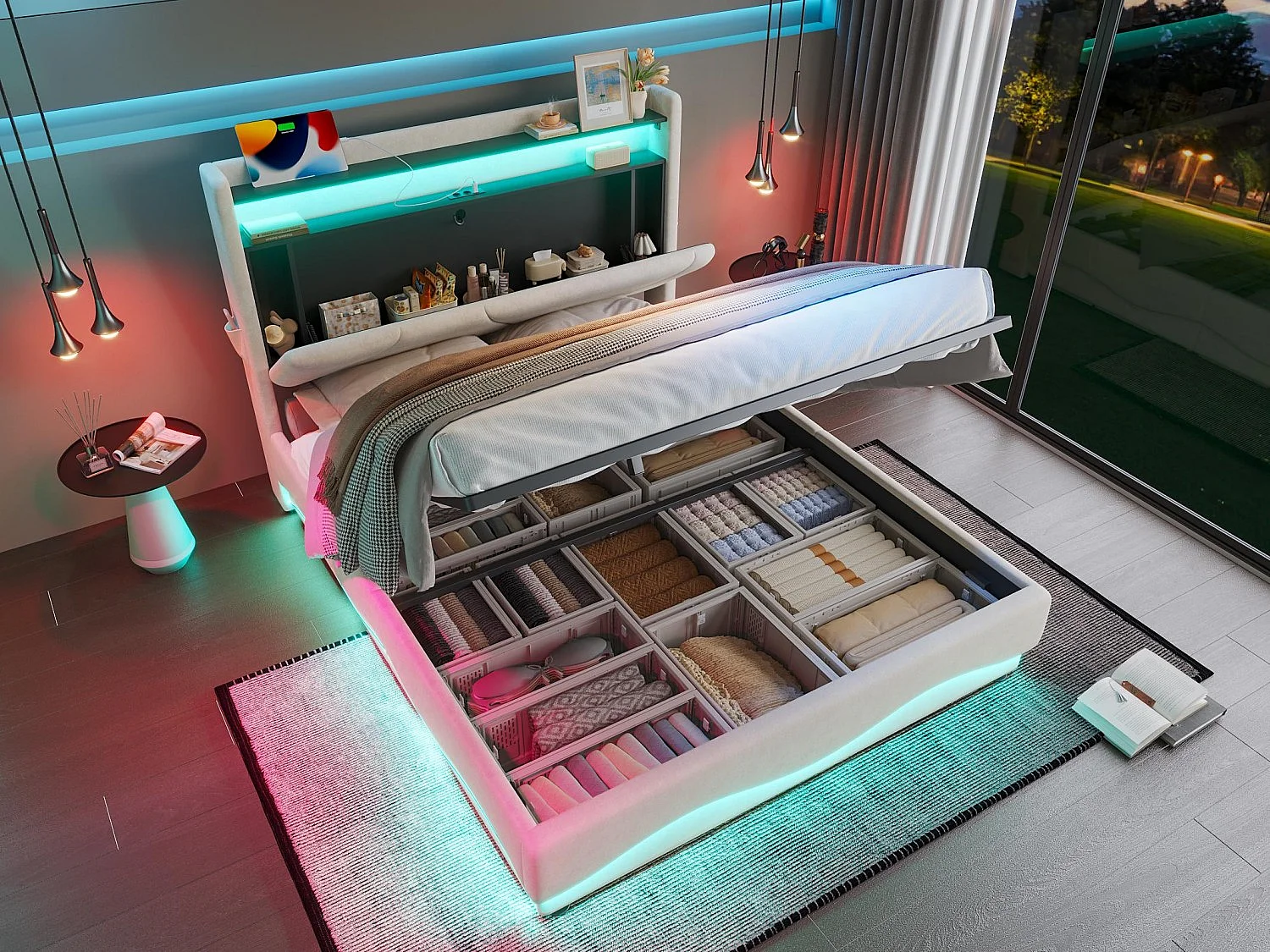 Modern opbergbed 160x200 - met sfeerverlichting, USB-lader en geïntegreerde boxen | Ideaal voor jongeren en volwassenen"