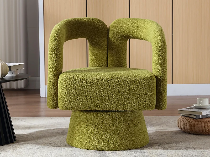 360° draaibare fauteuil in olijfgroene teddystof - dubbele boogrugleuning en modern design