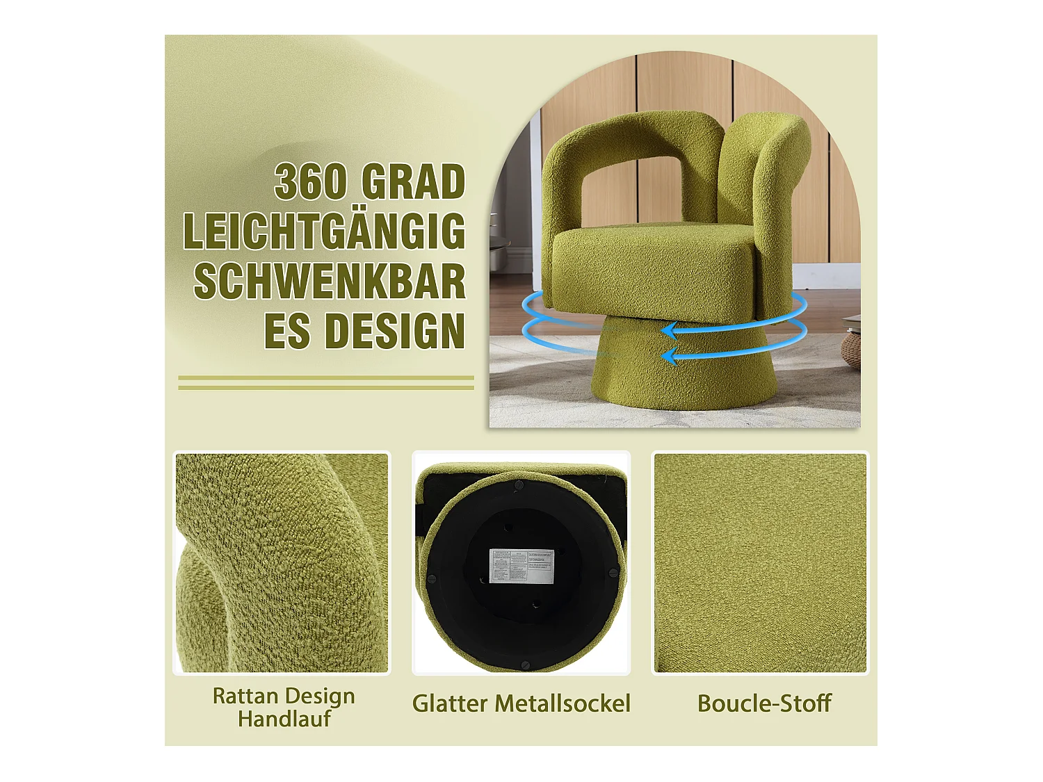 Fauteuil Pivotant à 360° en Tissu Teddy Vert olive - Dossier Double Arche et Design Moderne