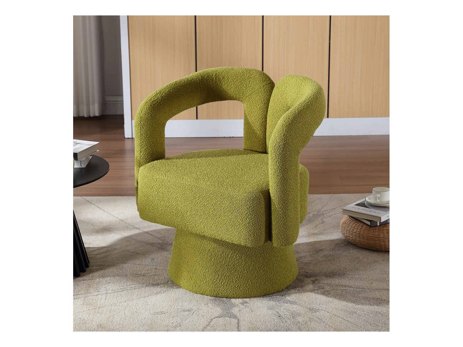 Fauteuil Pivotant à 360° en Tissu Teddy Vert olive - Dossier Double Arche et Design Moderne