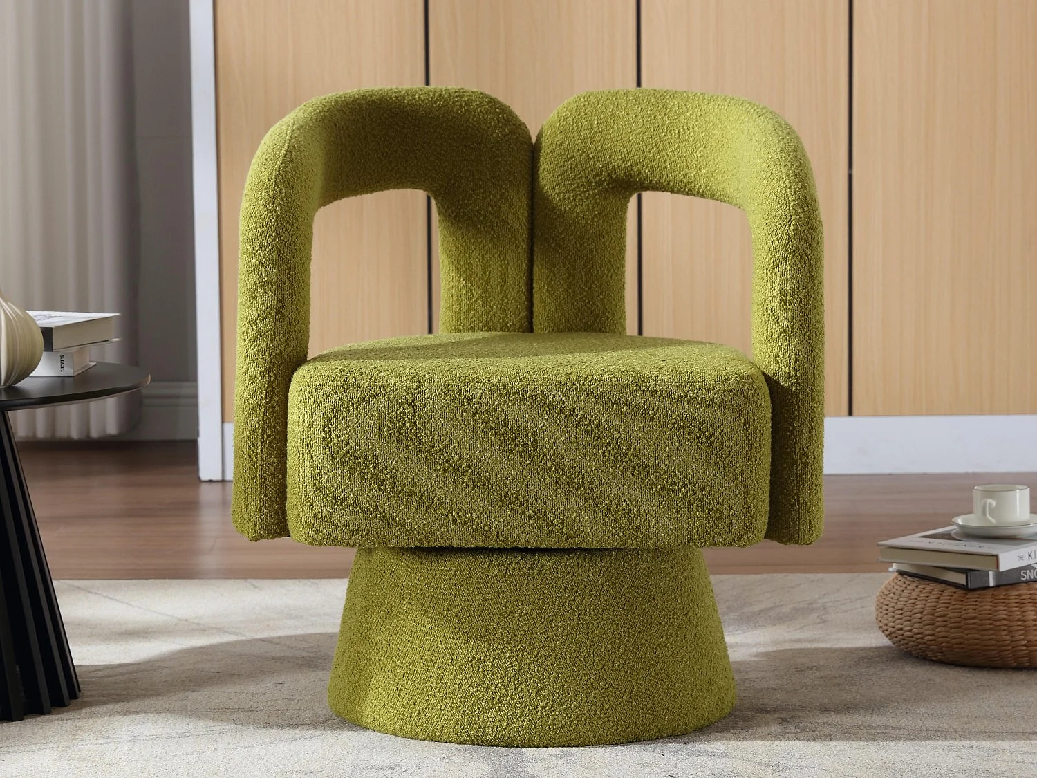 Fauteuil Pivotant à 360° en Tissu Teddy Vert olive - Dossier Double Arche et Design Moderne