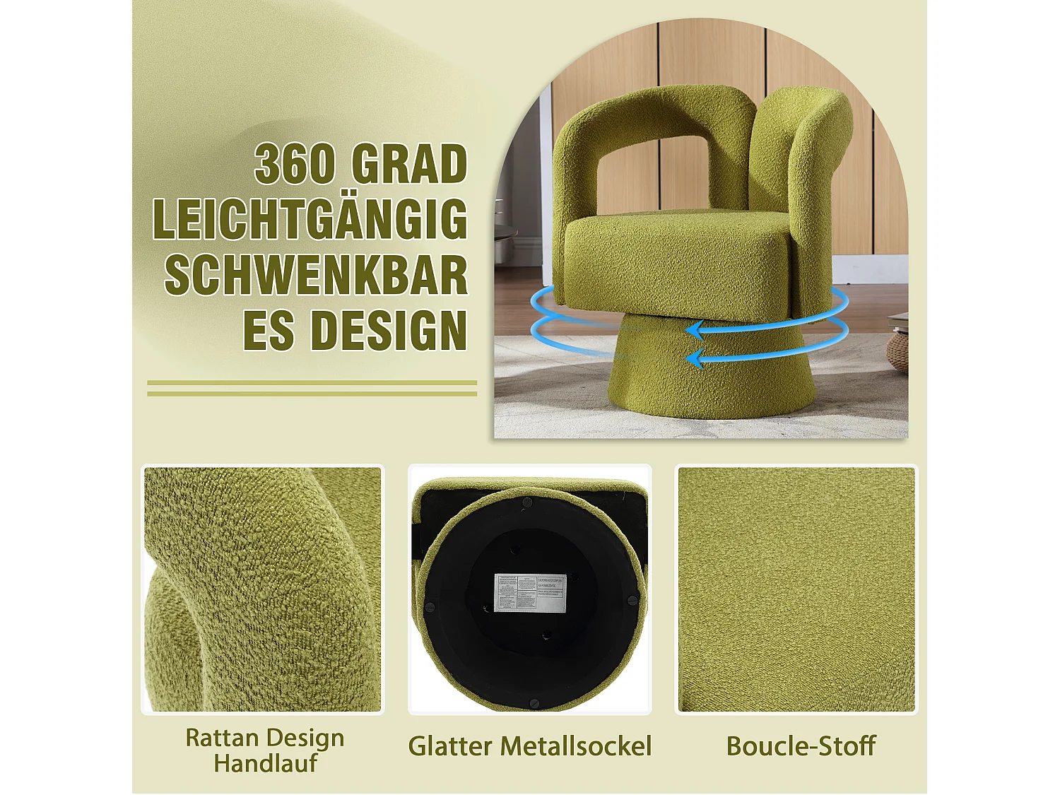 Fauteuil Pivotant à 360° en Tissu Teddy Vert olive - Dossier Double Arche et Design Moderne