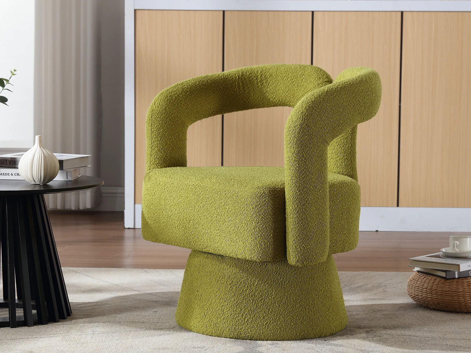 Fauteuil Pivotant à 360° en Tissu Teddy Vert olive - Dossier Double Arche et Design Moderne