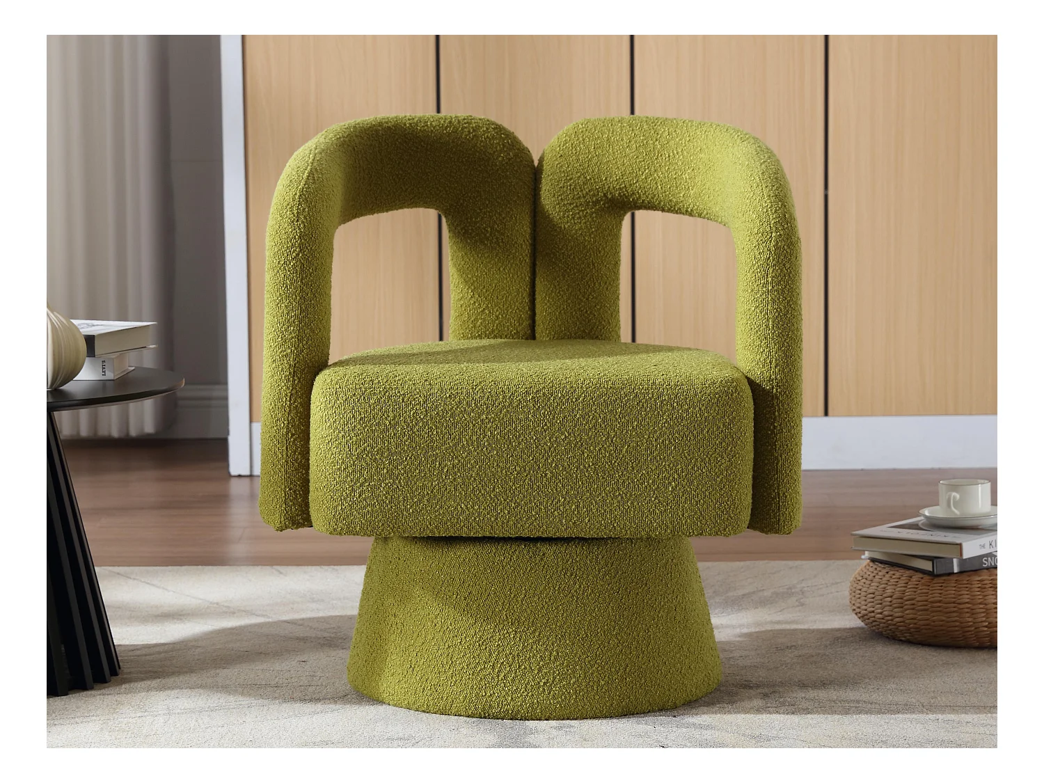 Fauteuil Pivotant à 360° en Tissu Teddy Vert olive - Dossier Double Arche et Design Moderne