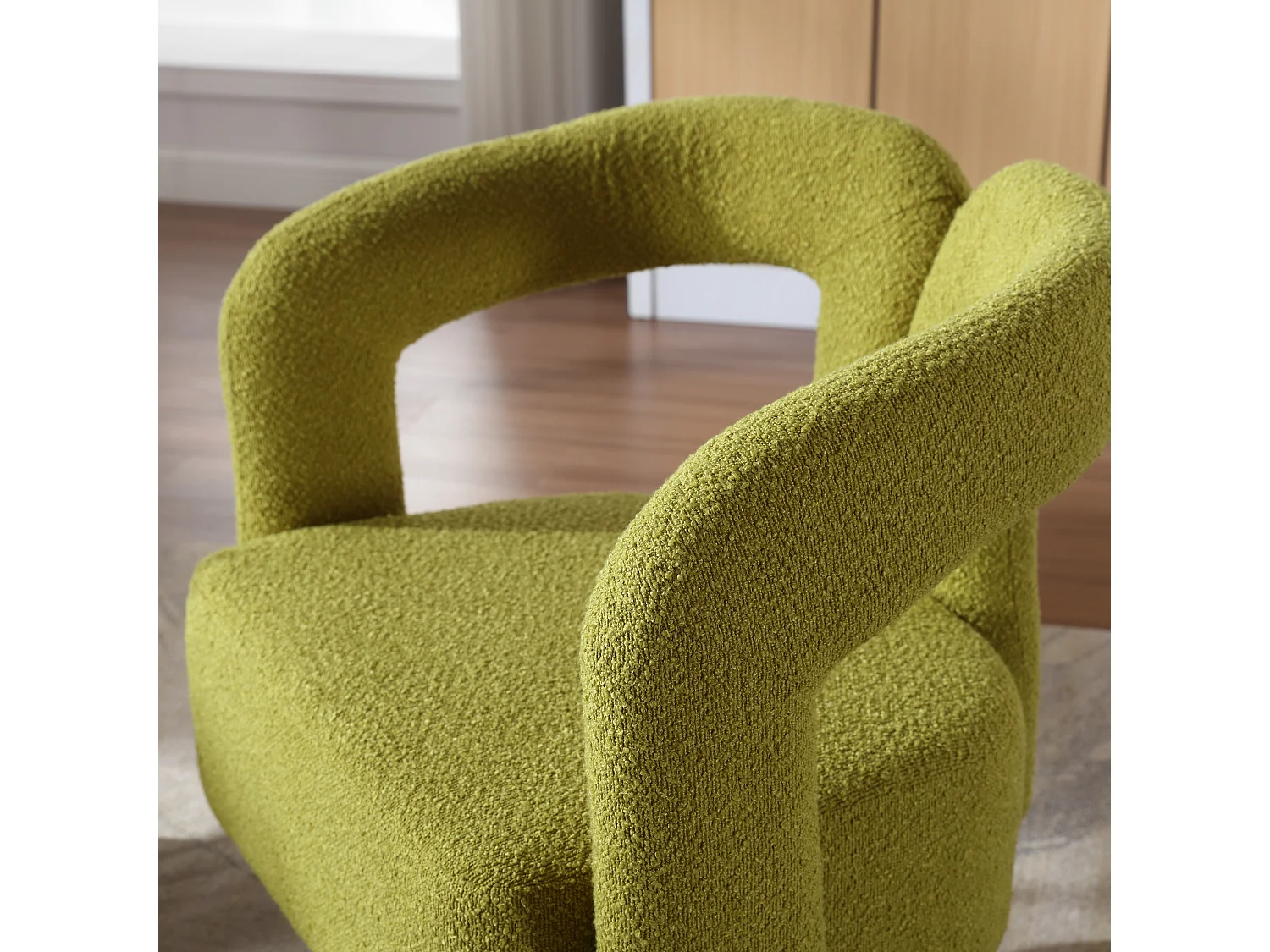 360° draaibare fauteuil in olijfgroene teddystof - dubbele boogrugleuning en modern design