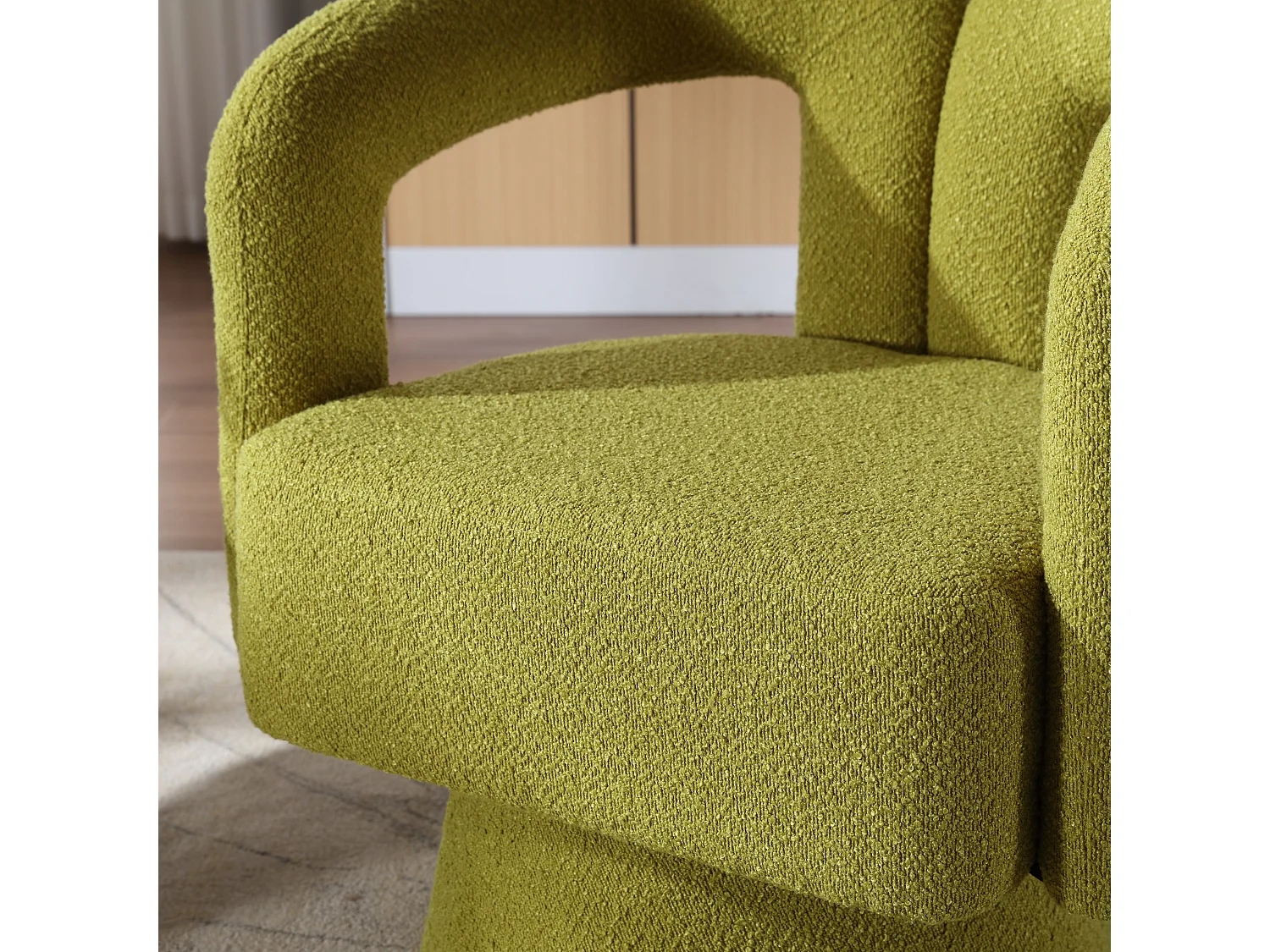 360° draaibare fauteuil in olijfgroene teddystof - dubbele boogrugleuning en modern design