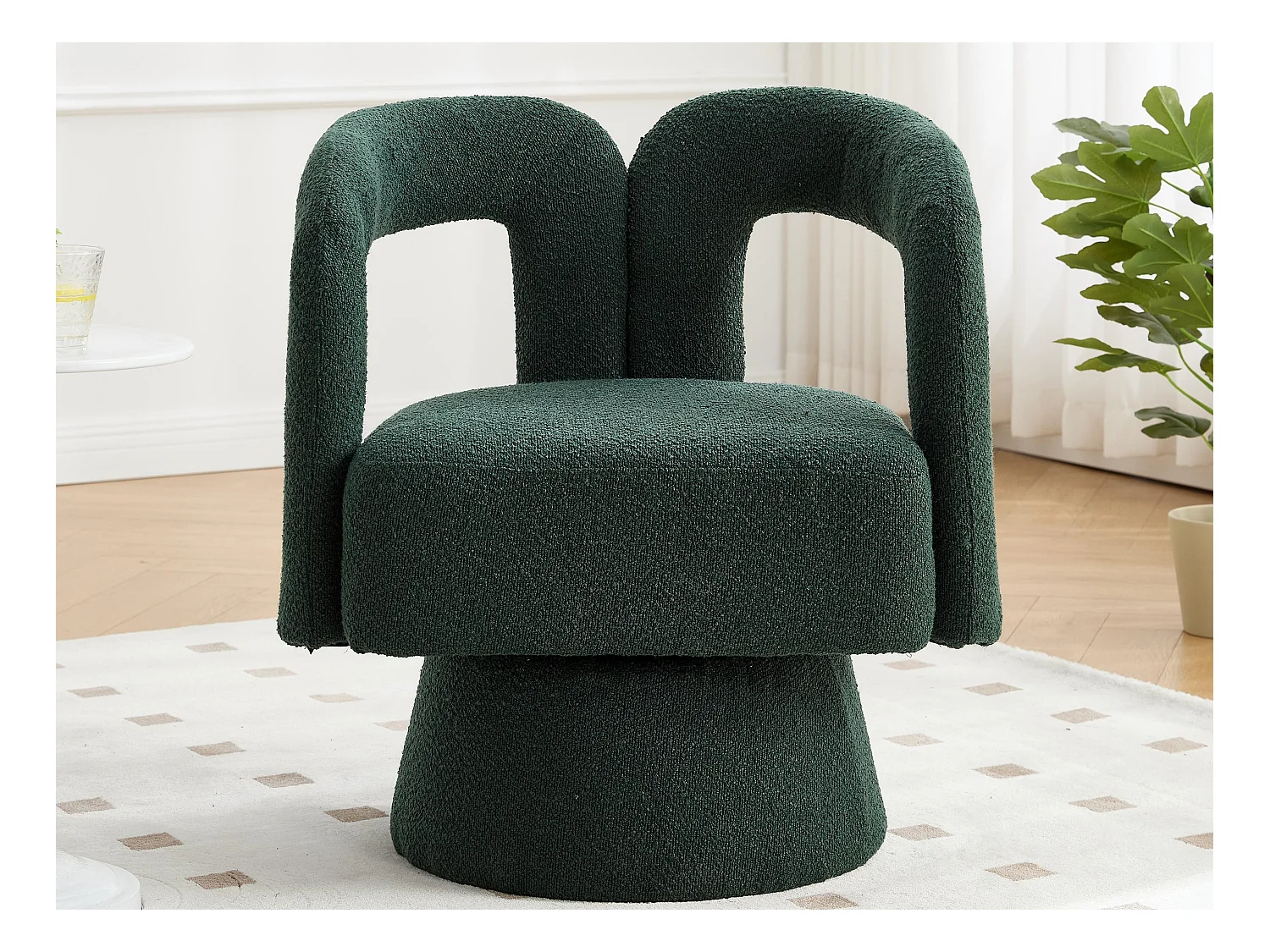 Fauteuil Pivotant à 360° en Tissu Teddy Vert émeraude - Dossier Double Arche et Design Moderne