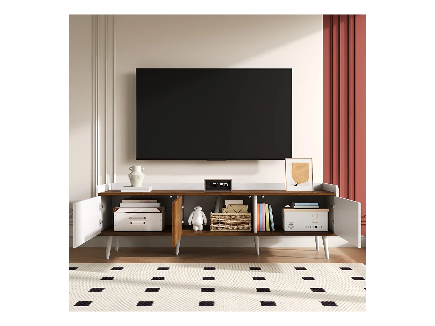 Meuble TV compact 3 portes. Finition blanc/bois, 160 x 39 x 49,5 cm. Meuble TV fonctionnel aspect bois.