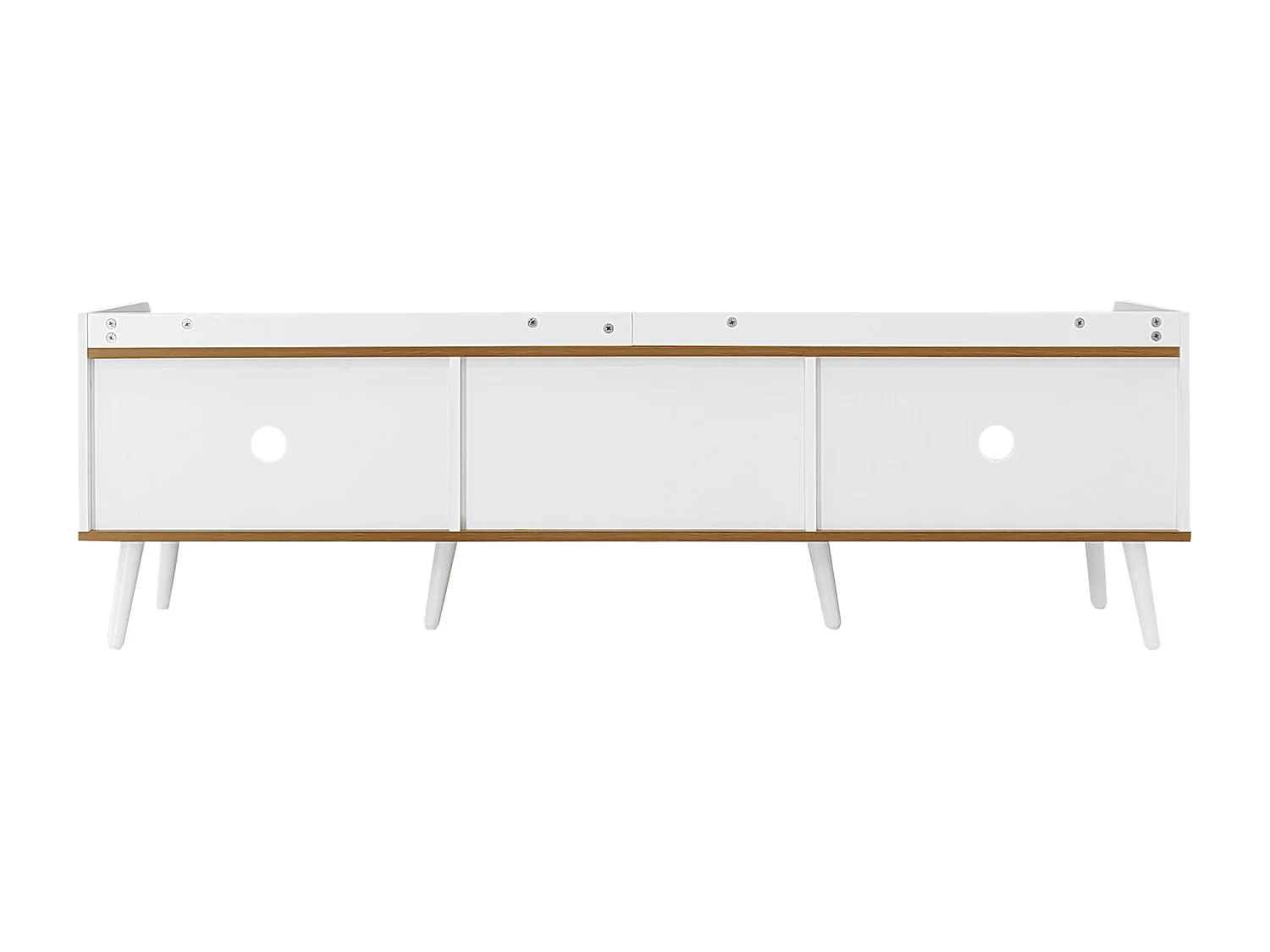 Mobile porta TV compatto a 3 ante. Finitura bianco/legno, 160 x 39 x 49,5 cm. Mobile porta TV funzionale con effetto legno.