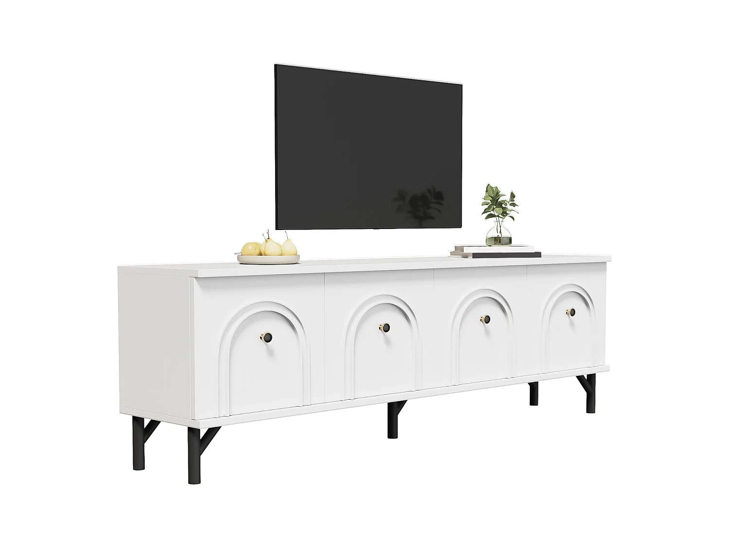 Meuble TV moderne 4 portes blanc de 160 cm, avec charnières à fermeture amortie et design élégant. Idéal pour votre salon.