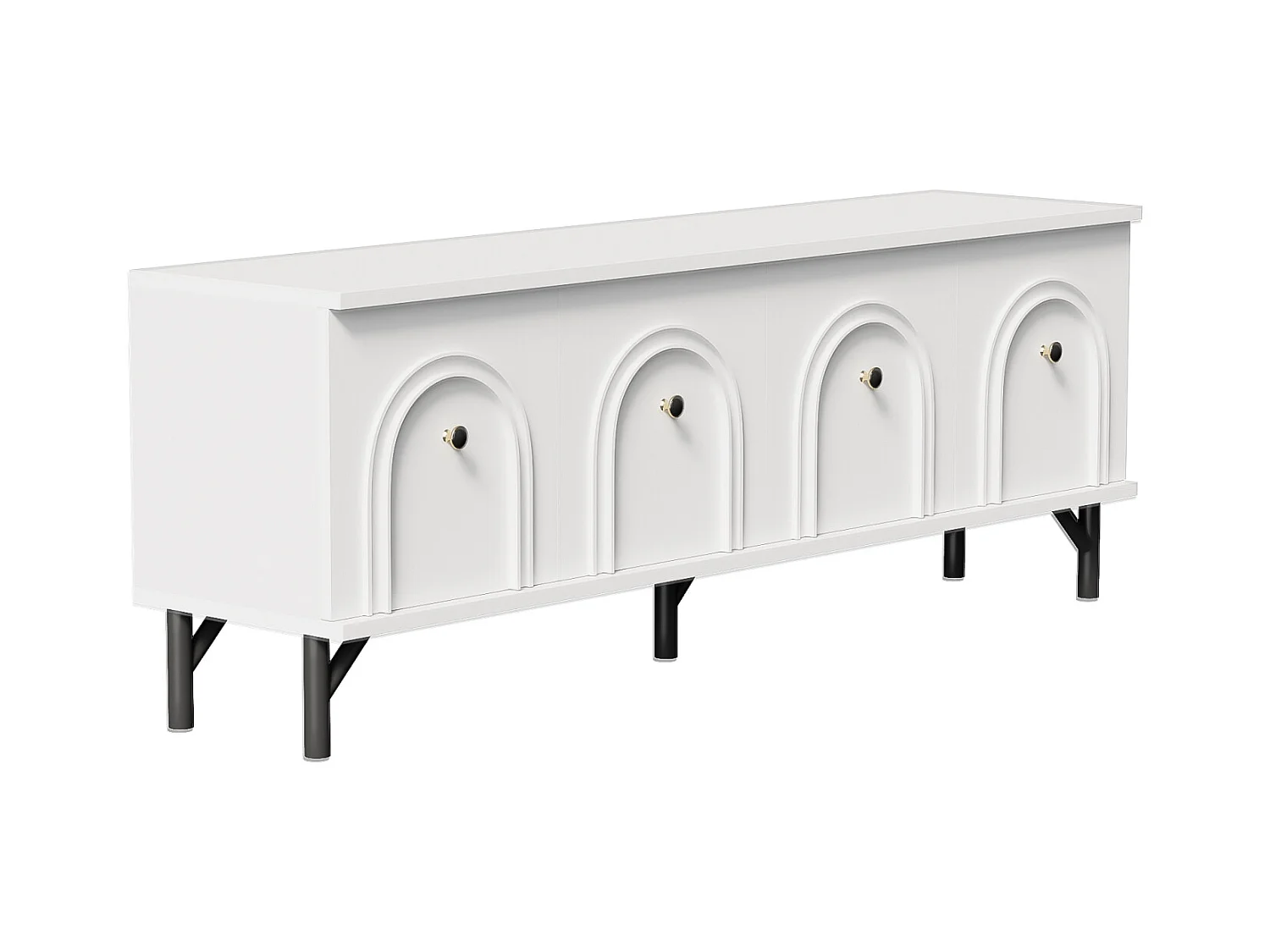 Meuble TV moderne 4 portes blanc de 160 cm, avec charnières à fermeture amortie et design élégant. Idéal pour votre salon.