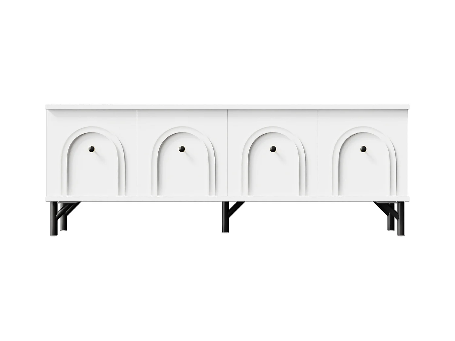 Meuble TV moderne 4 portes blanc de 160 cm, avec charnières à fermeture amortie et design élégant. Idéal pour votre salon.